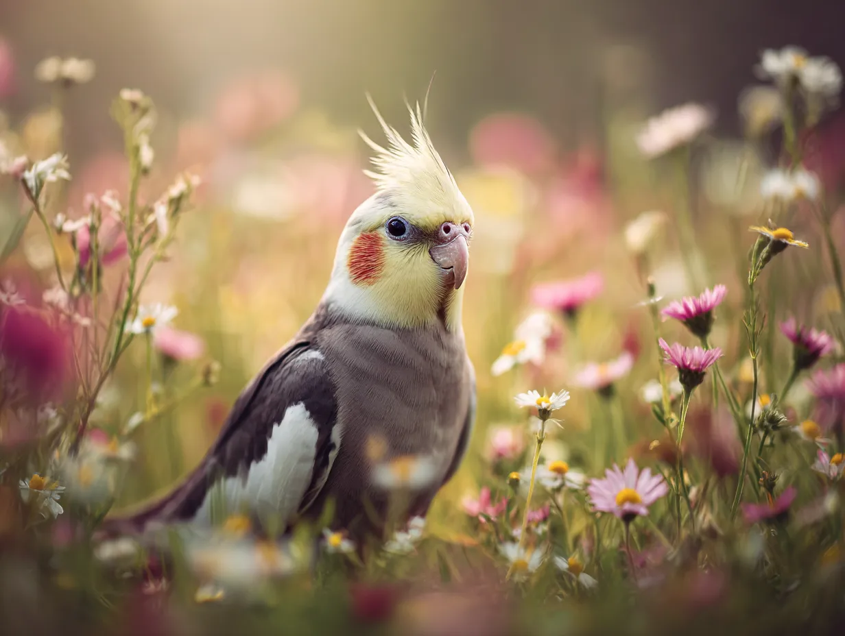 オカメインコ花畑の撮影画像｜柔光を受けたオカメインコの頬紅と冠羽が甘いピンクの花群と調和し、フィルムライクなトーンでノスタルジックに仕上げた、ロマンチックなスプリングショット
