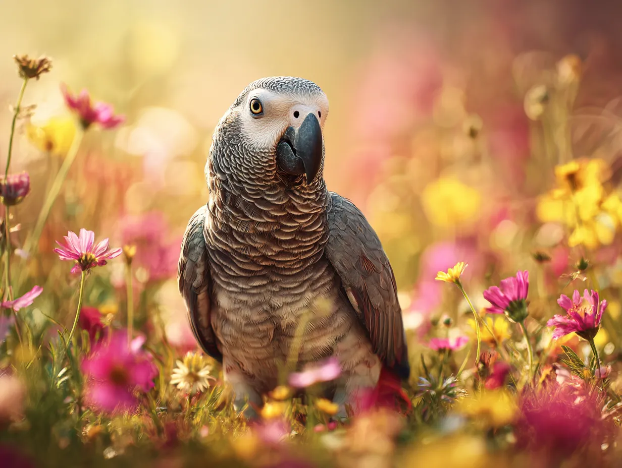 オウム花畑の撮影画像｜夕陽に染まる羽毛のグレーグラデが色とりどりの花に溶け込み、リズミカルな羽模様が立体感を強調する花畑の撮影画像でエキゾチックな余韻