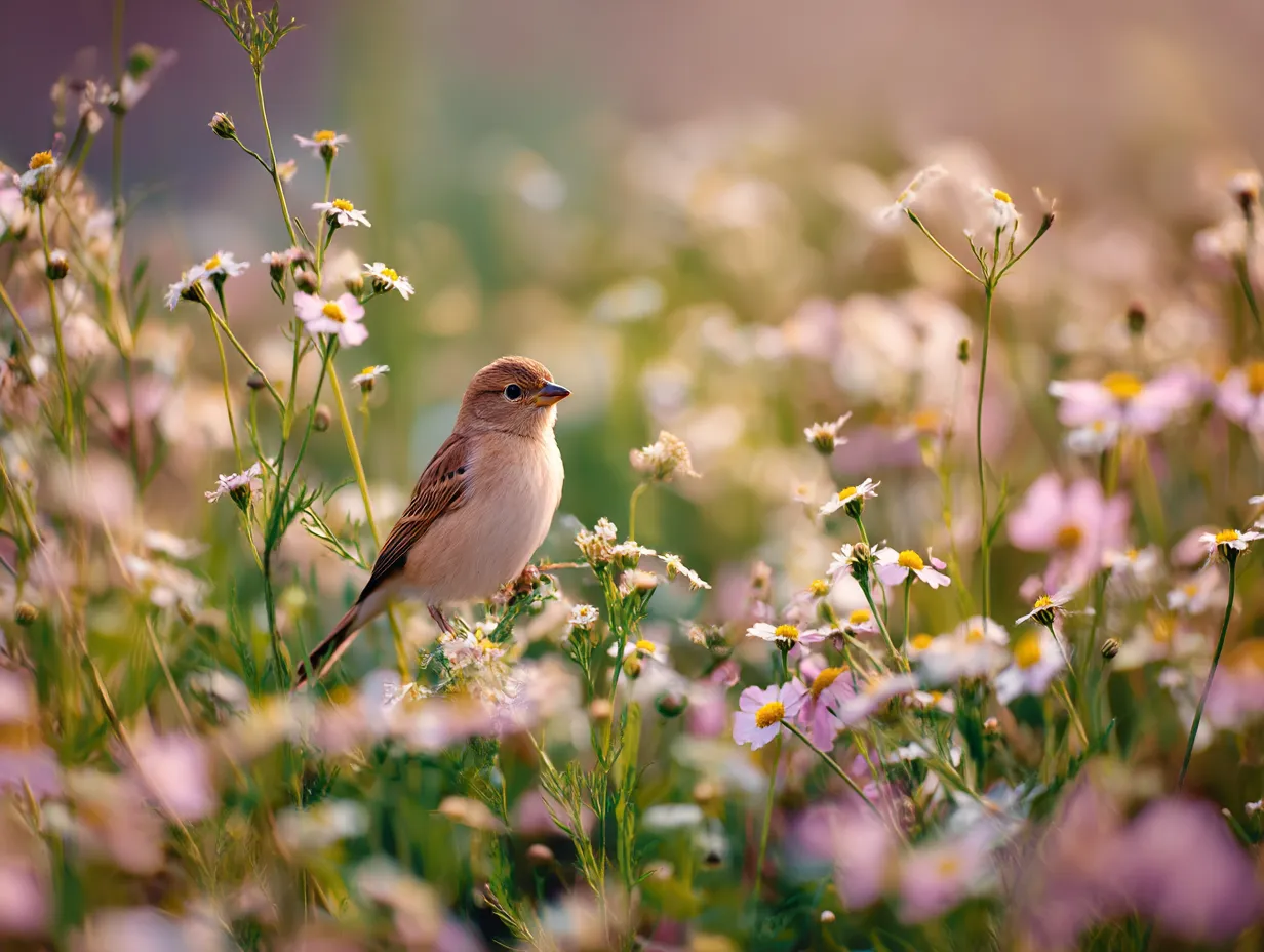 小鳥の花畑の撮影画像｜ドリーミーなパステルボケを背景に、小鳥が可憐に佇むシネマライクな構図で、軽やかな風の流れまで感じるロマンチックな描写。
