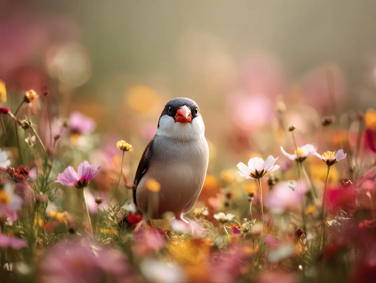 文鳥の花畑の撮影画像｜鮮やかなマクロ表現で文鳥の赤い嘴を際立たせ、花弁のリッチな色彩と滑らかな空気遠近法が生むポップアート調の明快な楽しさ。