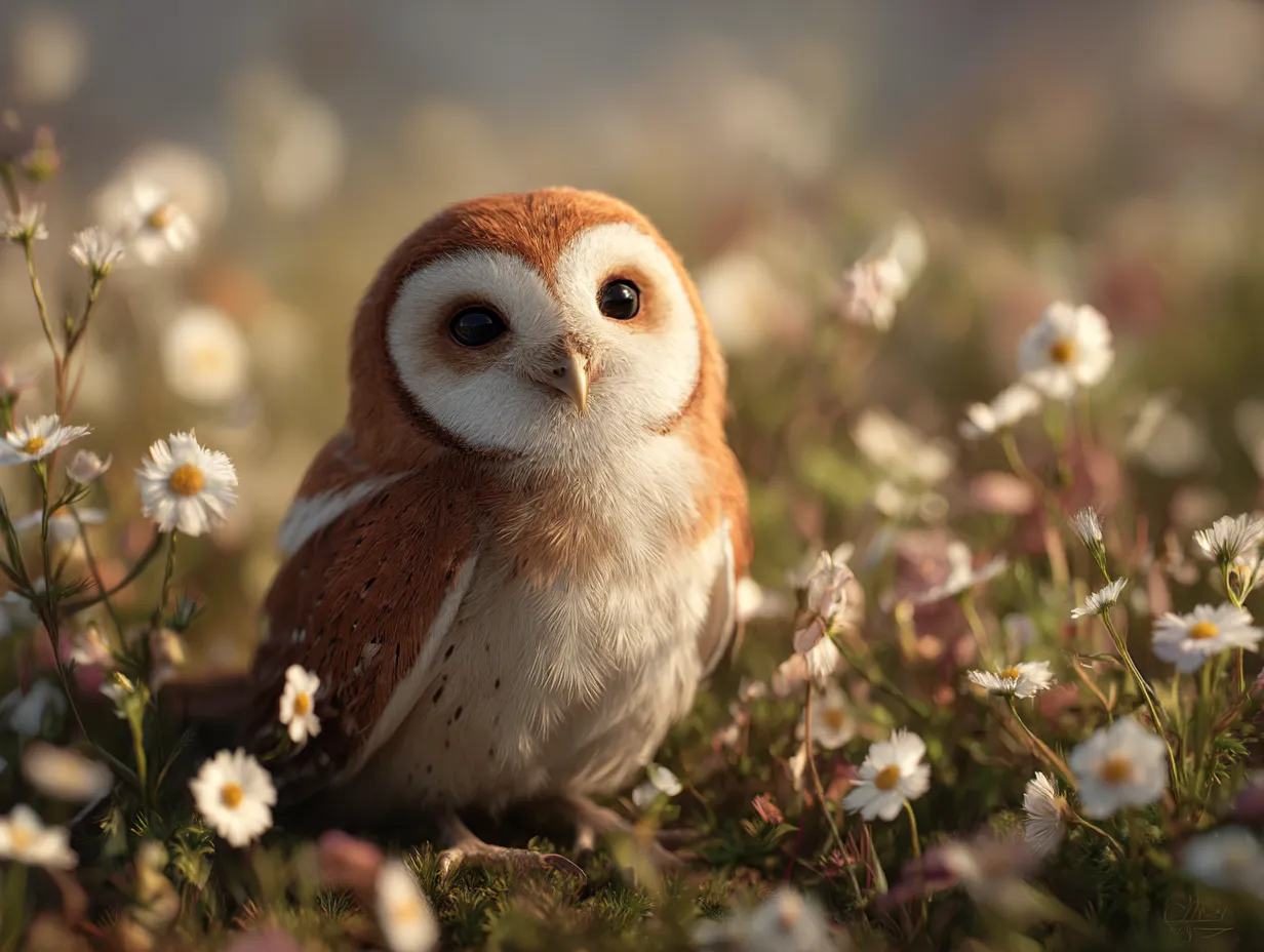 フクロウの花畑の撮影画像｜柔らかい逆光がフクロウの繊細な羽毛を縁取り、淡いトーンのデプスで幻想味を高めた、物語性のあるナチュラルファンタジー風。