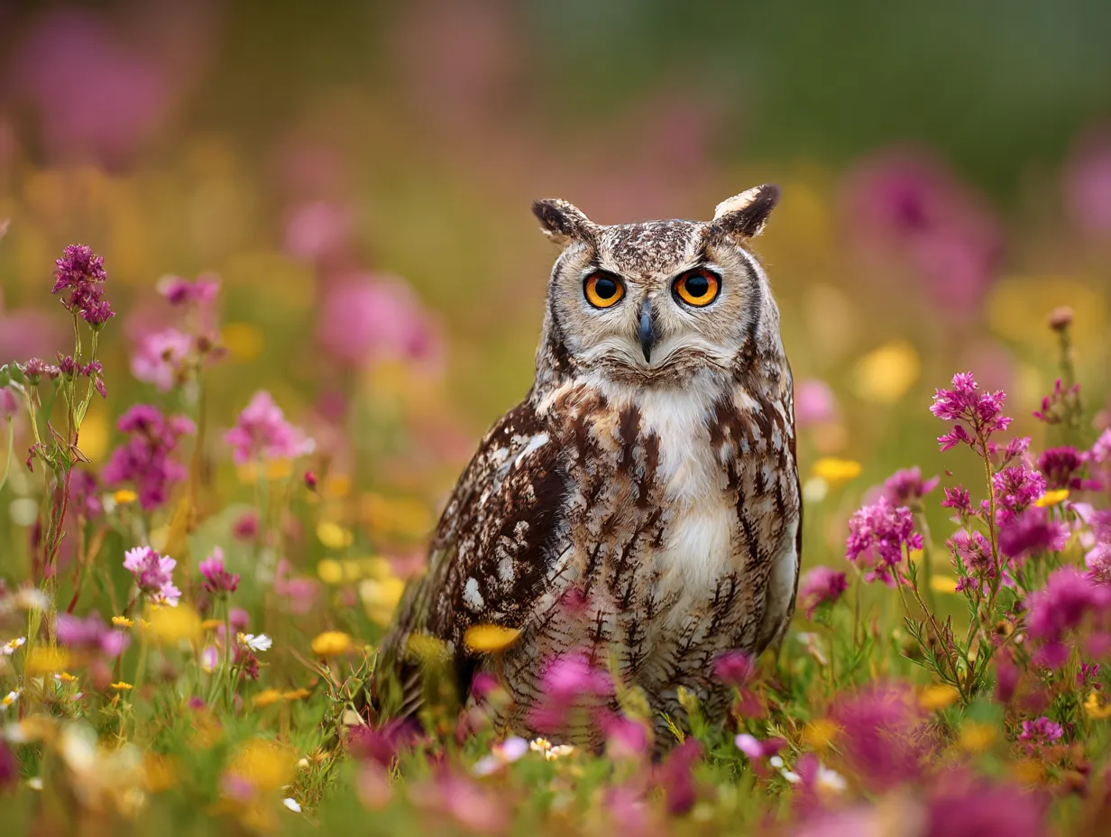 フクロウの花畑の撮影画像｜シャープな眼差しが印象的なフクロウを、ビビッドな花々が囲む構図で描き、威厳と可憐さが同居する幻想的な森のワンシーン風。