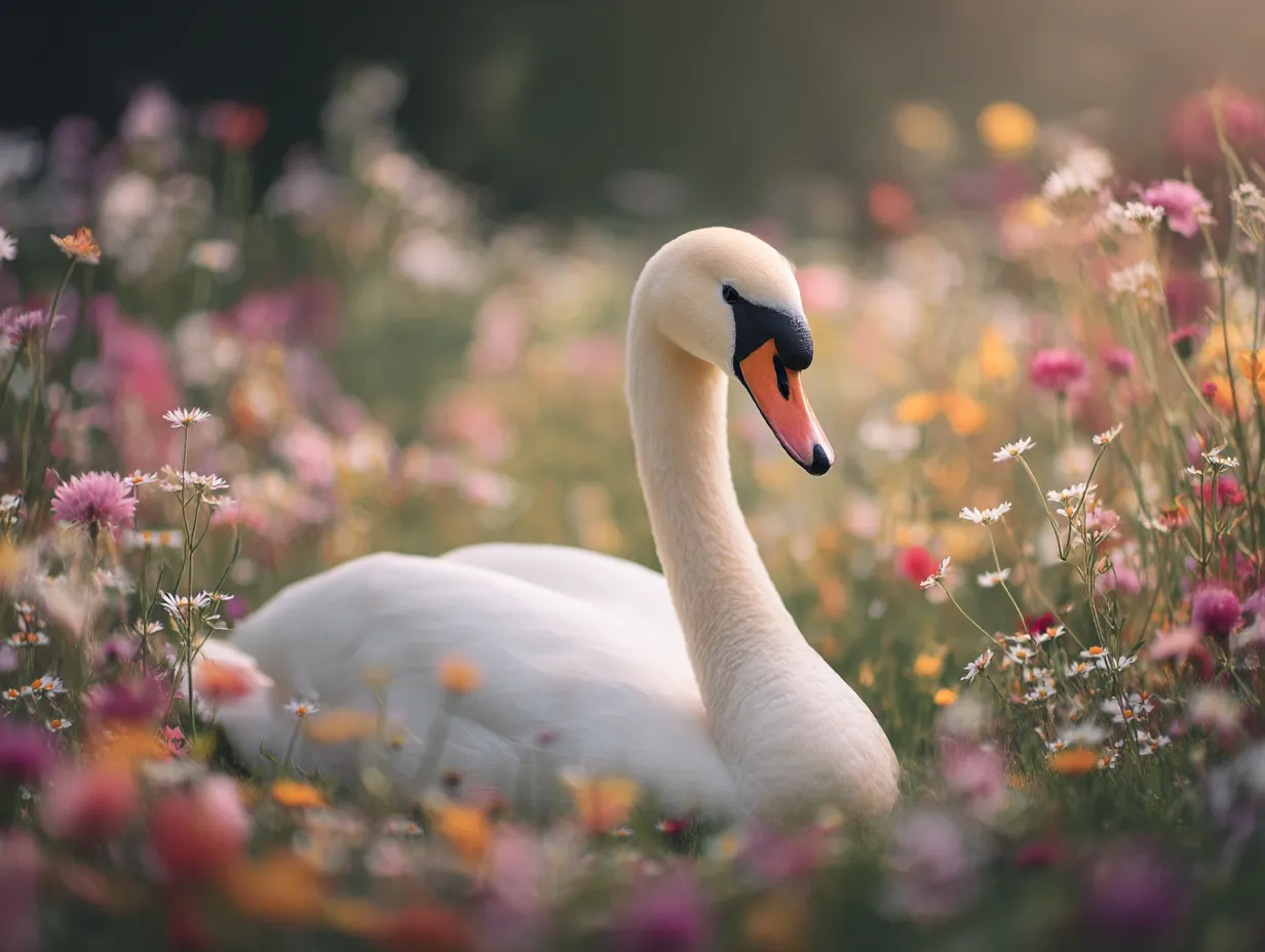 白鳥の花畑の撮影画像｜白鳥の優美な姿が花々のやわらかな色彩と溶け合い、しっとりとした空気感を漂わせるロマンチックなドリームタッチの描写。