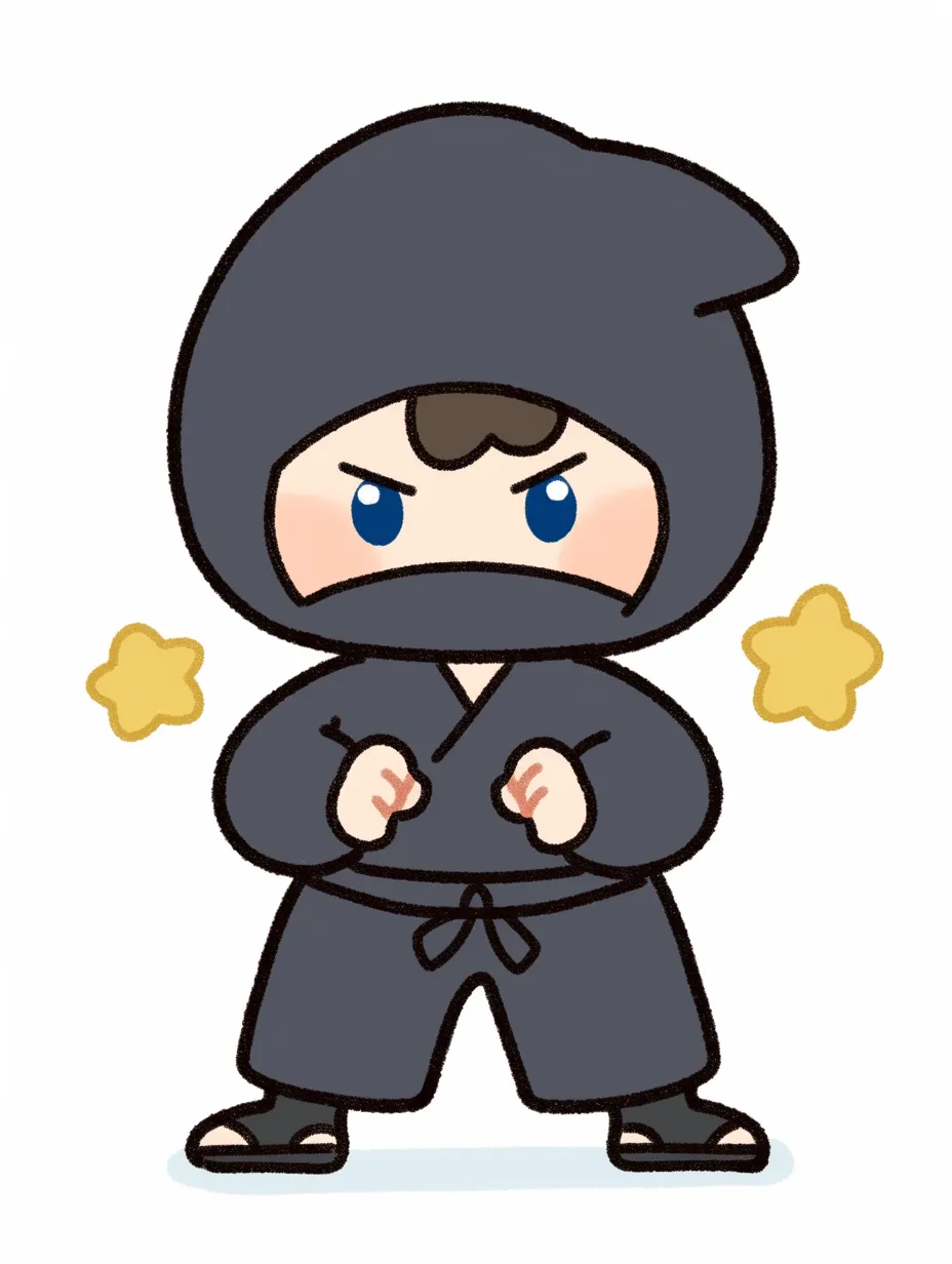元気な表情のかわいい忍者イラスト｜大きな瞳と力強いポーズが、元気いっぱいの印象を与えるデザイン。星のようなエフェクトが活発さを強調し、全体の丸みを帯びたシルエットが可愛らしさを際立たせる。ポップな雰囲気が魅力のかわいい忍者のイラスト。