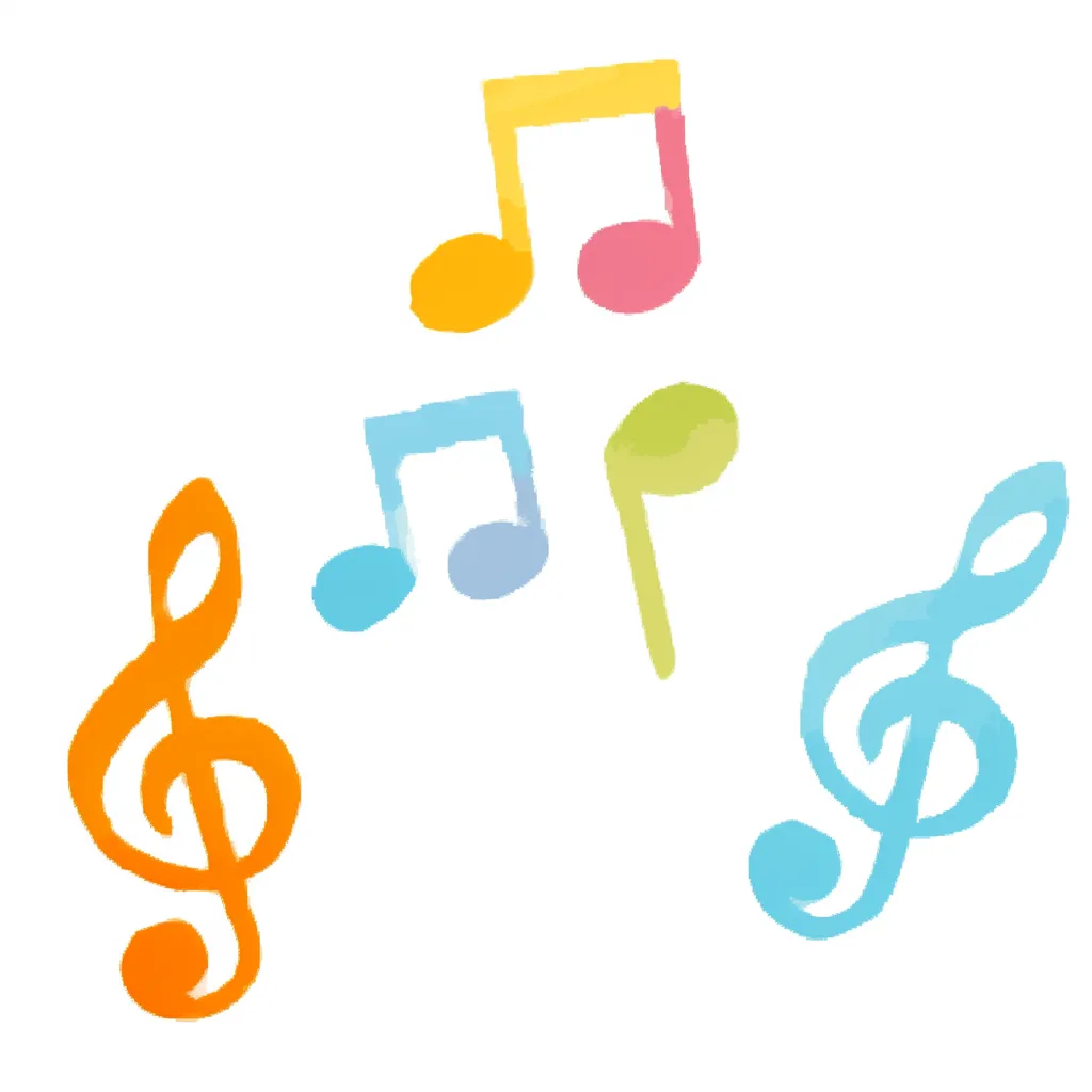 カラフルなかわいい音符のデザイン｜淡い色合いが特徴の音符とト音記号が散りばめられたデザイン。やわらかくふんわりしたタッチで、心が弾むような印象を与える。