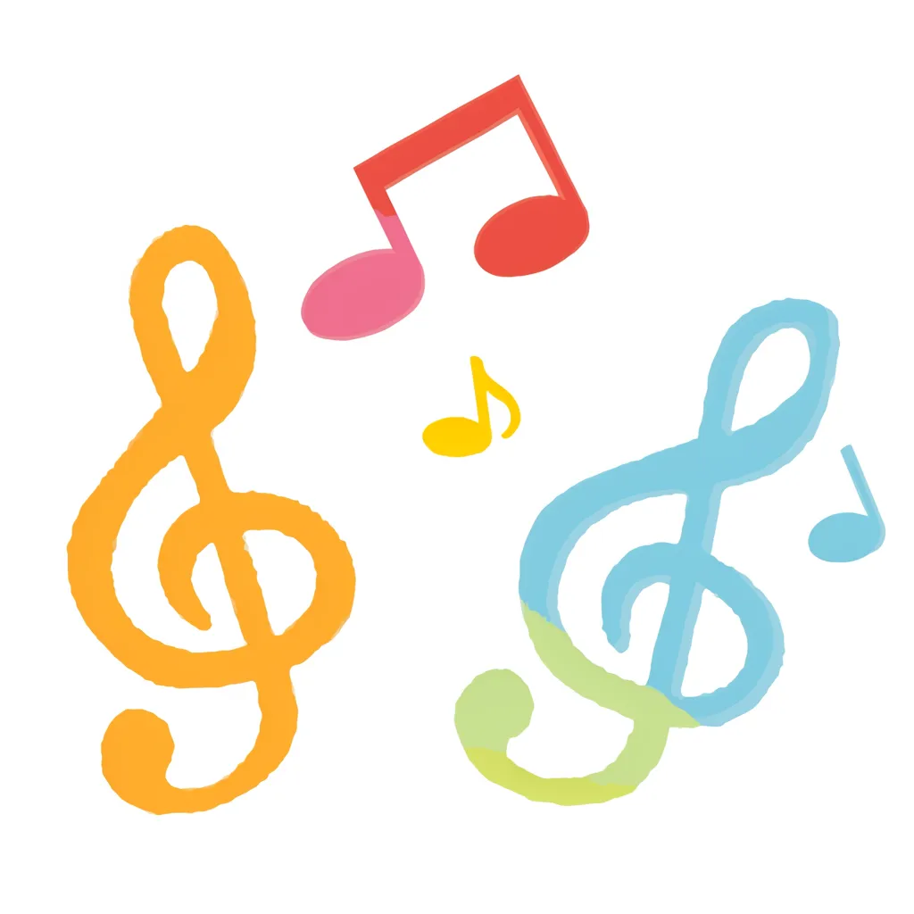 かわいい音符と大きなト音記号｜大きめのト音記号と軽やかに浮かぶ音符が組み合わさった楽しい構成。温かみのある配色で、音楽の明るさや楽しさを表現している。