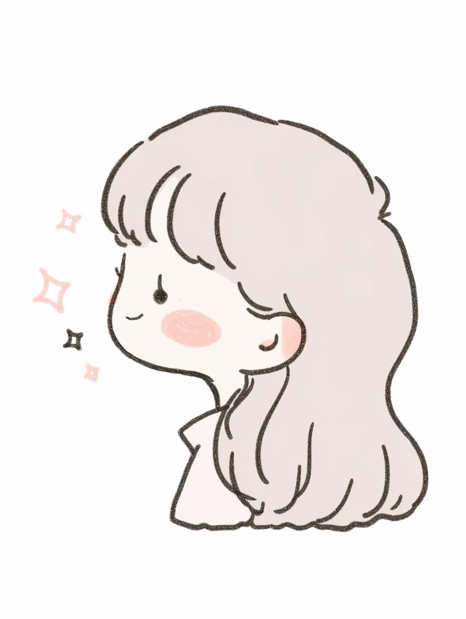 ゆるふわヘアの少女のかわいい横顔｜ふんわりとした髪とほのかな微笑みが特徴の少女の横顔。シンプルながらもキラキラとしたアクセントが加えられ、かわいい横顔の印象が際立つ。