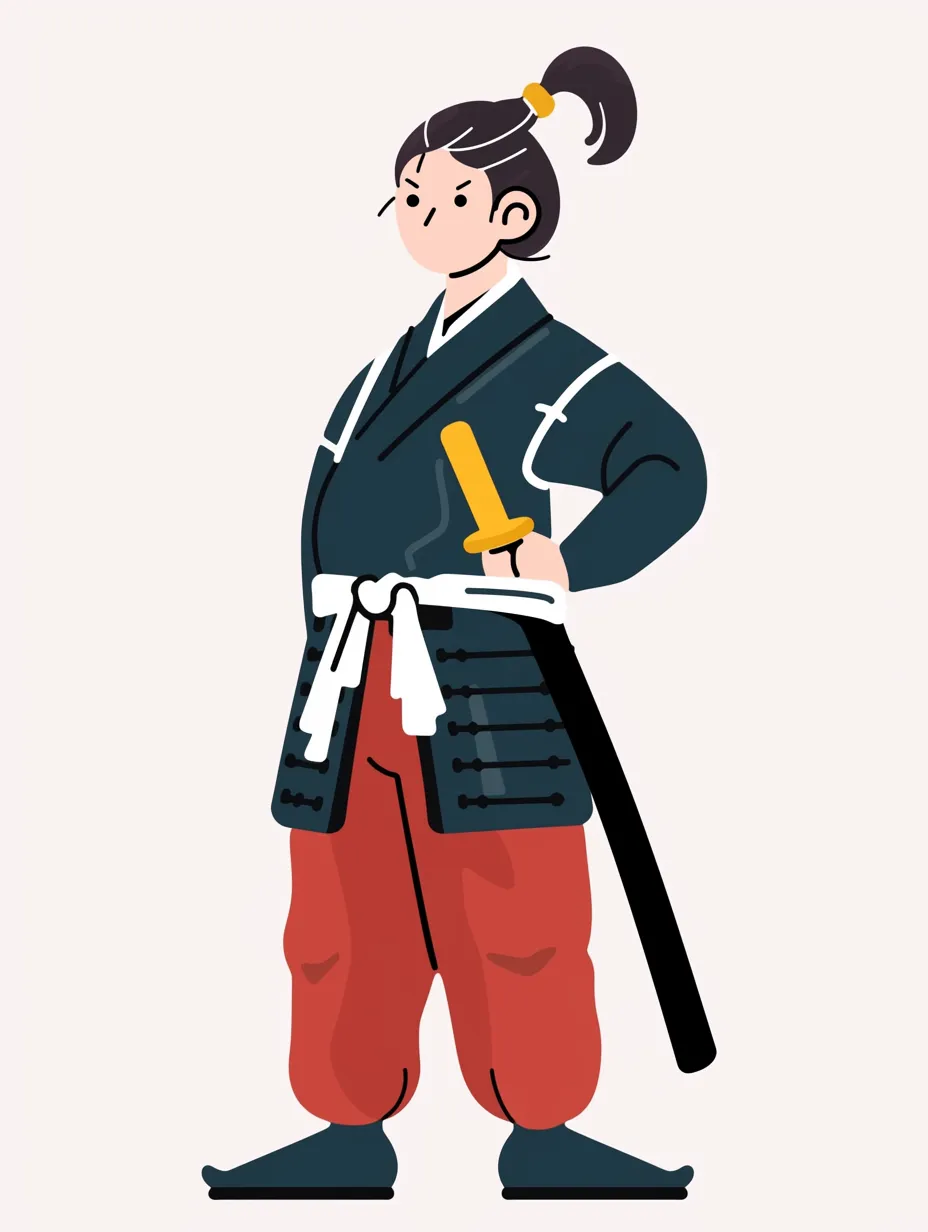 かわいい武士・剣士の立ち姿｜洗練されたフラットデザインで描かれたかわいい武士の立ち姿。落ち着いた配色とシンプルな線使いがモダンな雰囲気を生み出し、凛々しさを引き立てている。
