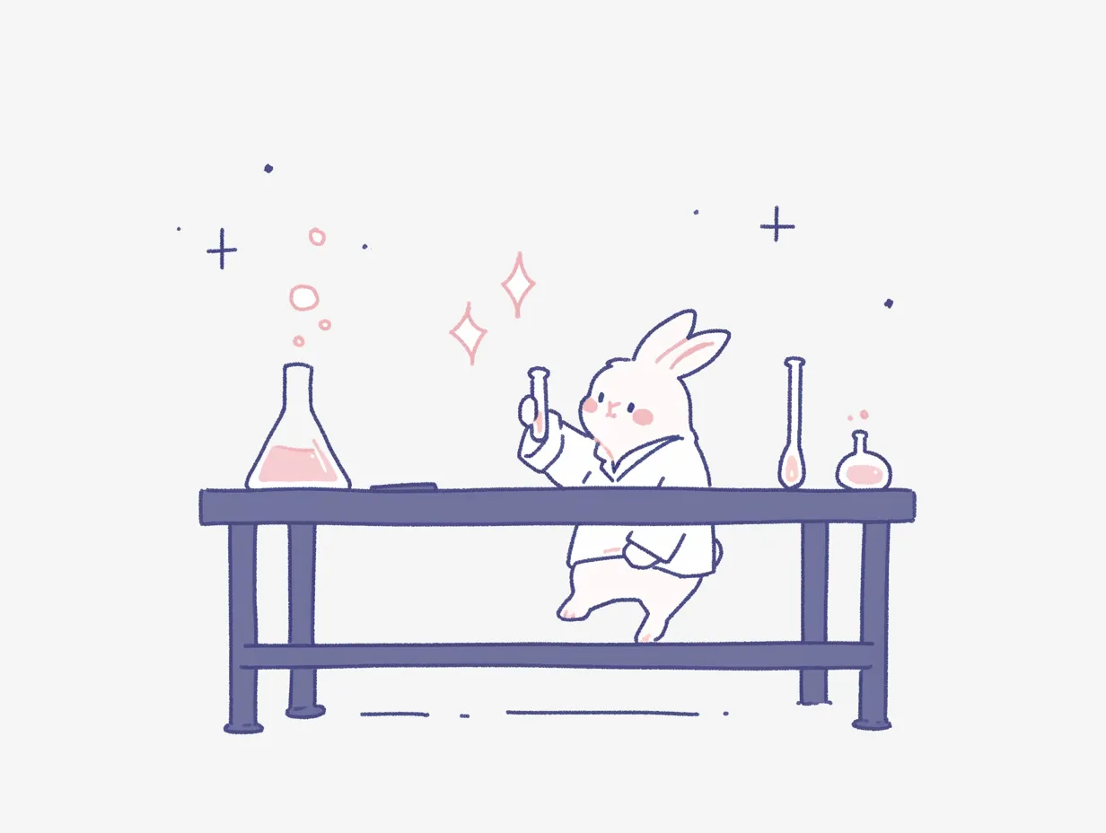 かわいい理科・幻想的なうさぎの実験｜白衣を着たうさぎが試験管を眺める幻想的なイラスト。淡いパステルカラーとシンプルな線が優しく、かわいい理科の不思議で夢のある雰囲気を演出している。