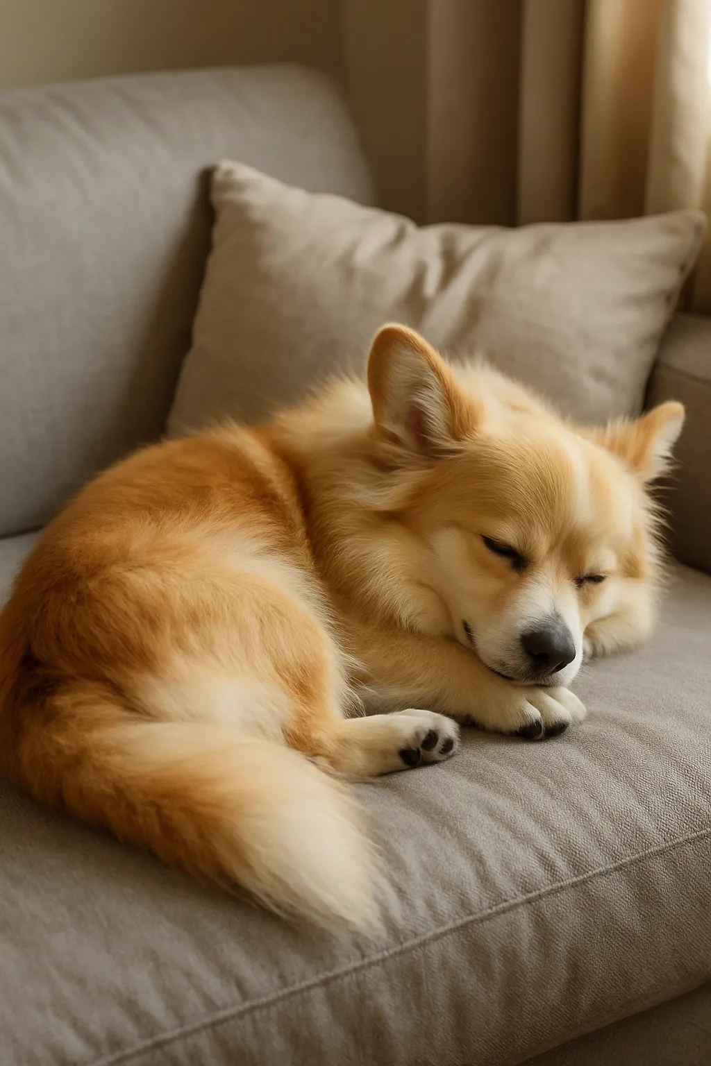 かわいい寝姿のコーギーポメラニアンミックス｜コーギーとポメラニアンのミックス犬がふかふかのクッションに体をあずけて眠る様子をフォトリアルに描写。自然光が豊かな毛並みにやさしく差し込み、まあるいシルエットが癒しを引き立てます。