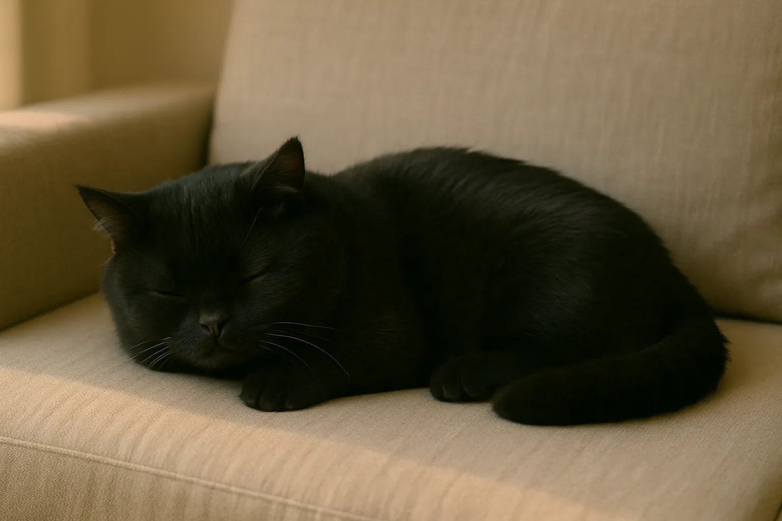 かわいい寝姿のマンチカン黒猫｜黒くつややかな毛並みのマンチカンが、うつ伏せ気味に眠る姿が印象的。短い足と引き締まった体がソファに自然になじみ、柔らかな光が輪郭をやさしく浮かび上がらせています。