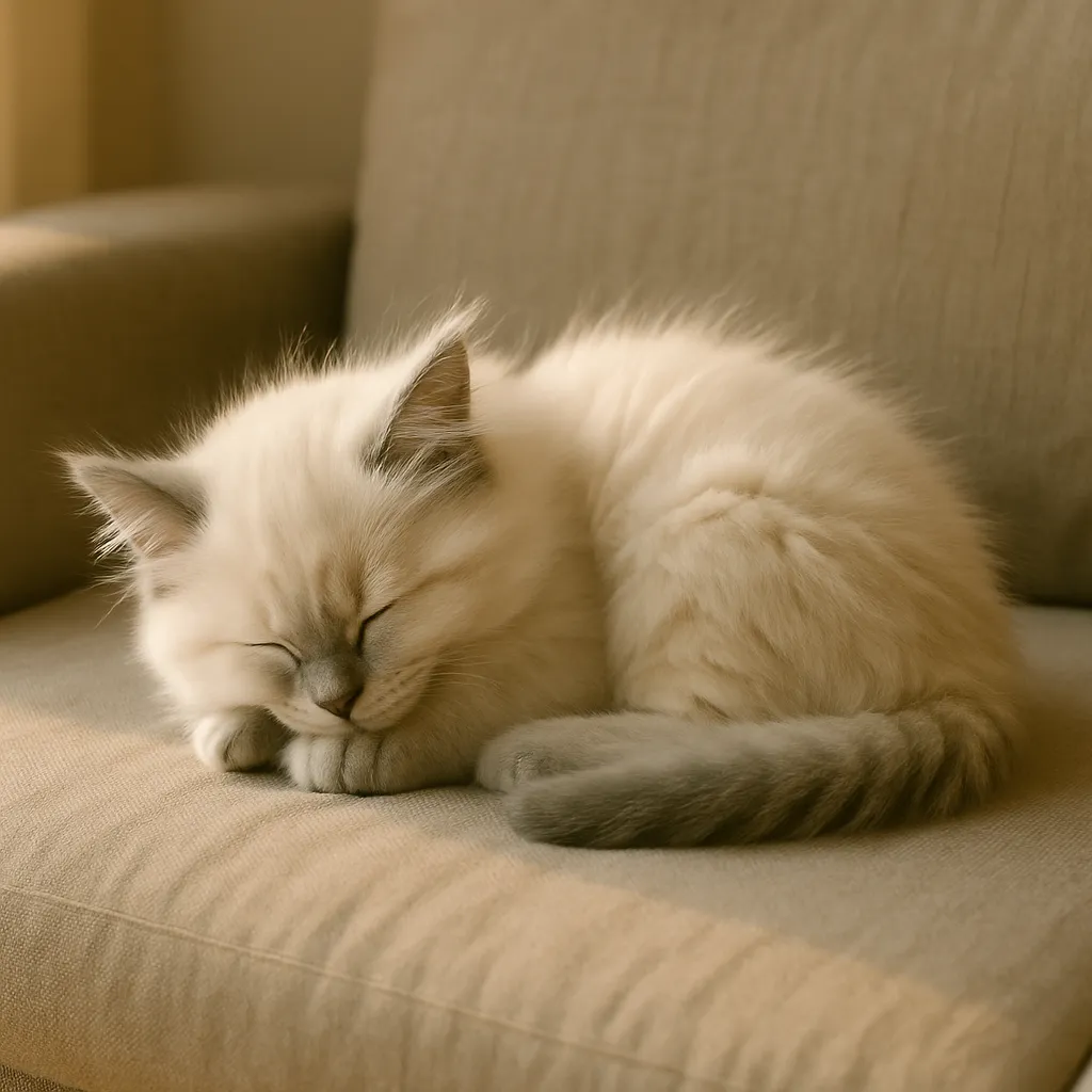 かわいい寝姿のラグドール子猫｜ふわふわの毛並みをもつラグドールの子猫が、丸くなってクッションに身を預けて眠っています。やさしい光に包まれた小さな体と淡い毛色が、穏やかで安心感のある空間をつくり出しています。