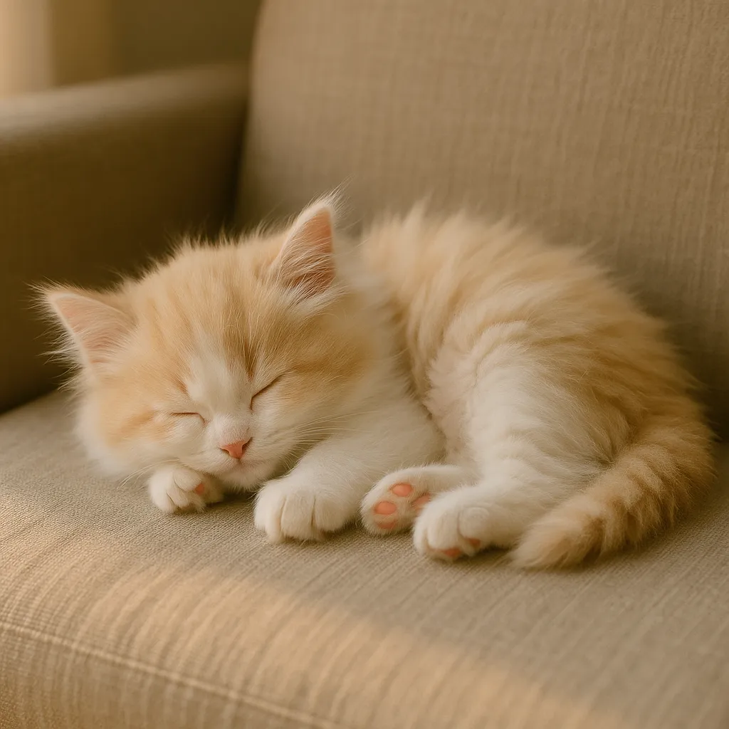 かわいい寝姿のミヌエット子猫｜ミヌエットの子猫が、小さく体を折りたたんで眠る様子が微笑ましい一枚。短い足と豊かな被毛が自然光に包まれ、ふわふわのシルエットに安心感とあどけなさがにじみます。