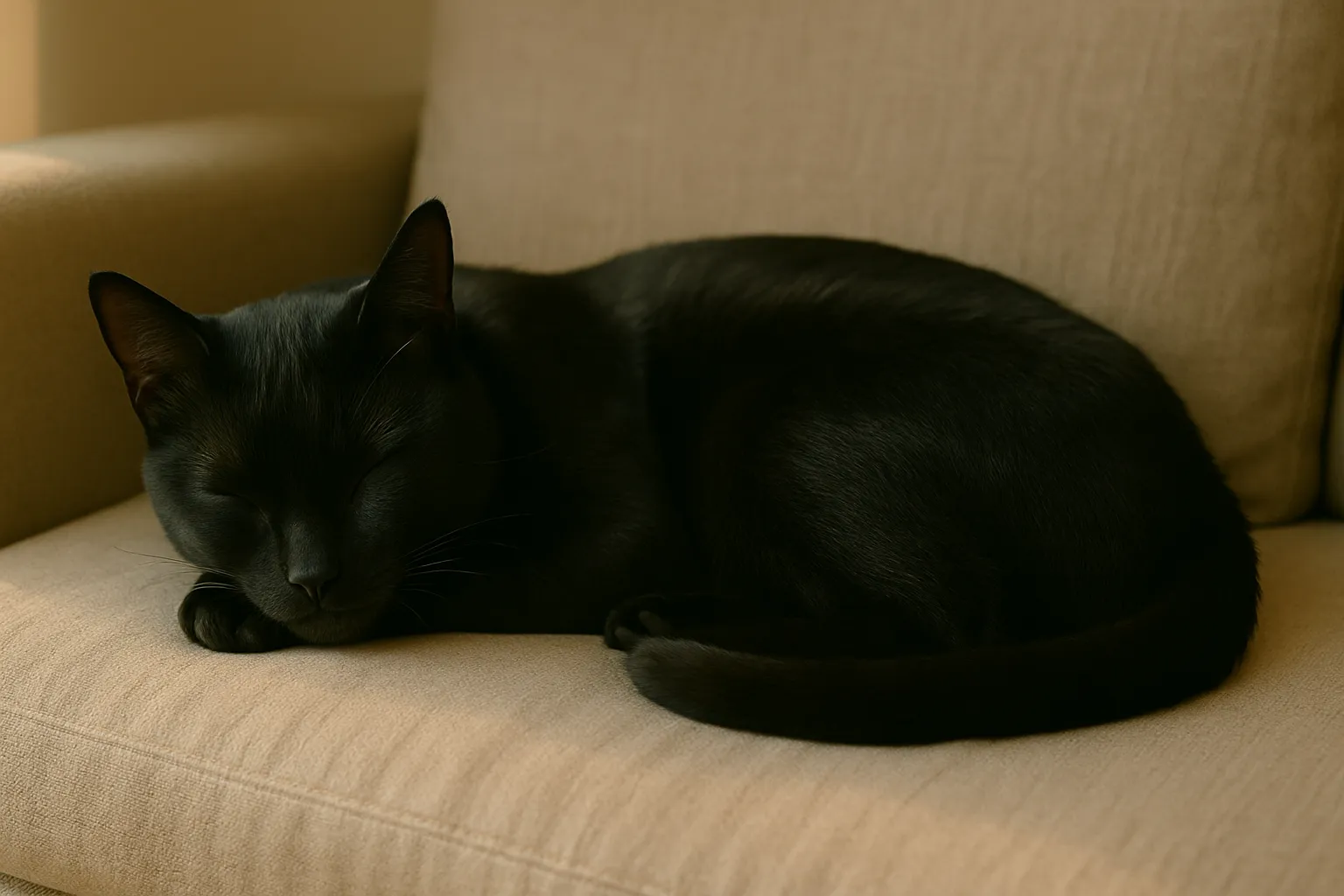 かわいい寝姿のロシアンブルー黒猫｜全身がつややかな黒毛で覆われたロシアンブルーが、前足をたたんで静かに眠っています。自然光が黒い毛並みに陰影をつくり出し、凛とした印象とやさしさが同居する穏やかな寝姿です。