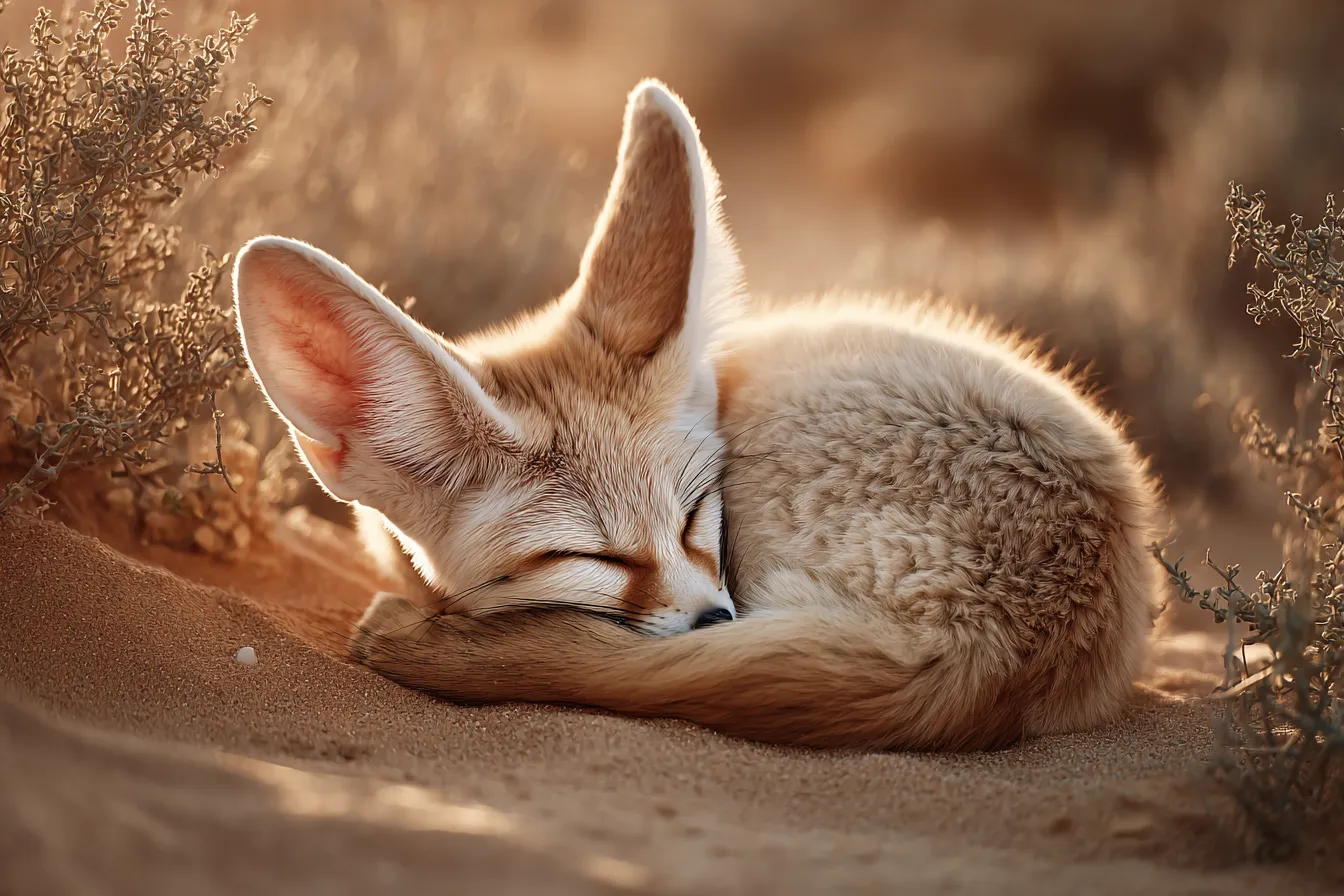 かわいい寝姿のフェネック｜砂漠の陽だまりで尾を丸めて眠るフェネックの姿が印象的。大きな耳と丸いフォルムが愛らしく、かわいい寝姿の魅力が温かい色彩の中に自然に溶け込んでいます。