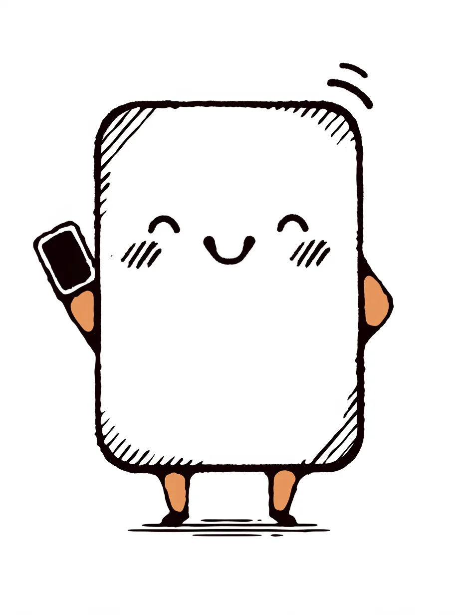 かわいいスマホ　スマホとミニスマホキャラ　スマホが手にミニスマホを持ち、まるで親子のような微笑ましいデザイン。柔らかな色使いと丸みのあるフォルムが、優しい印象を与えるイラスト。｜