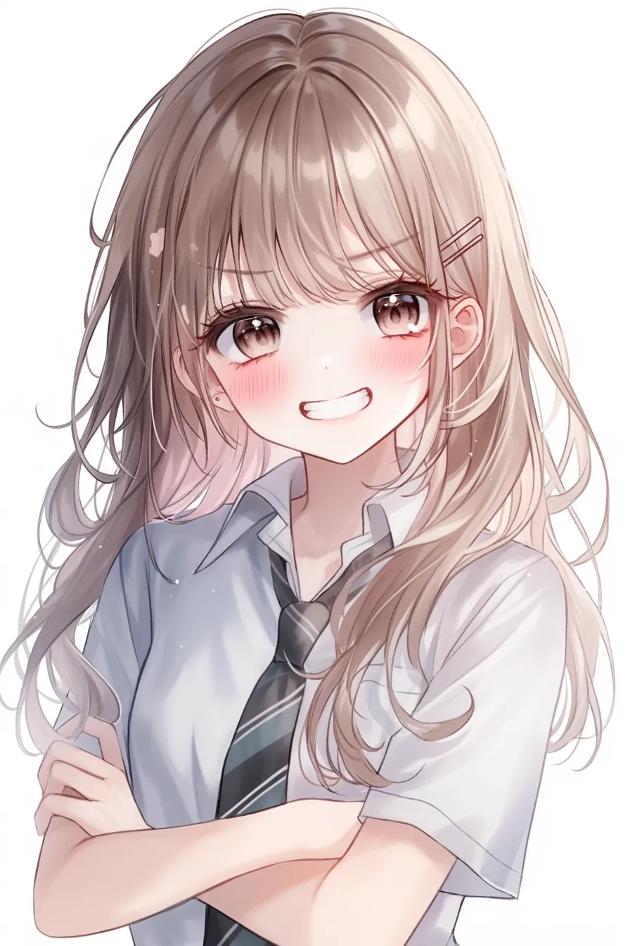 かわいい笑顔の元気な女子高生｜はっきりとした線とふんわりした色合いが魅力の元気な女子高生。少しいたずらっぽい表情が特徴的で、かわいい笑顔が弾けるような明るさを感じさせる。