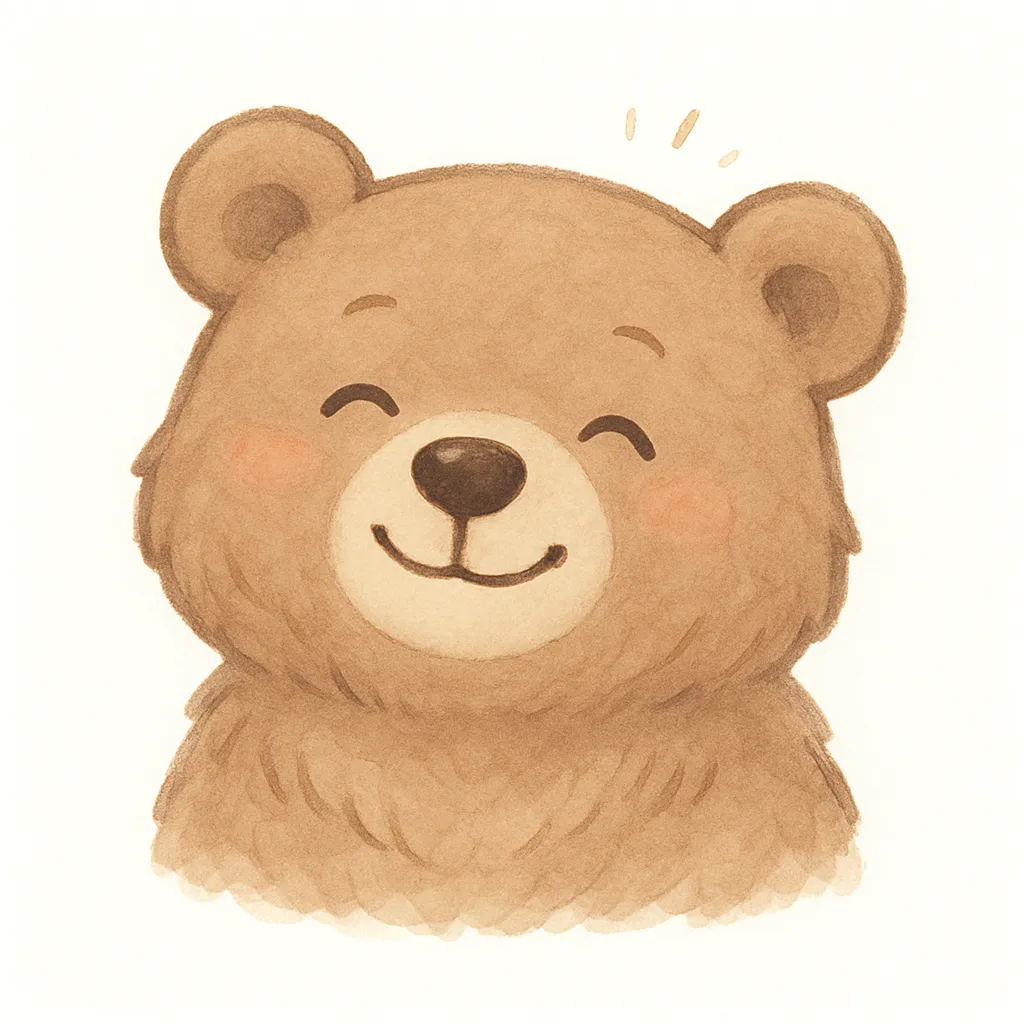 かわいい笑顔のゆるいクマ|まるい顔と小さな耳が愛らしいクマがにっこり、もこもこの毛並みとやさしい表情に癒されるデザインです。