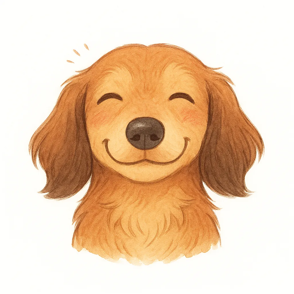 かわいい笑顔のゆるいダックスフンド｜長い耳とやさしい目元が印象的なダックスフンドがほほえみ、顔まわりの毛並みも柔らかく愛らしさがにじみ出ています。