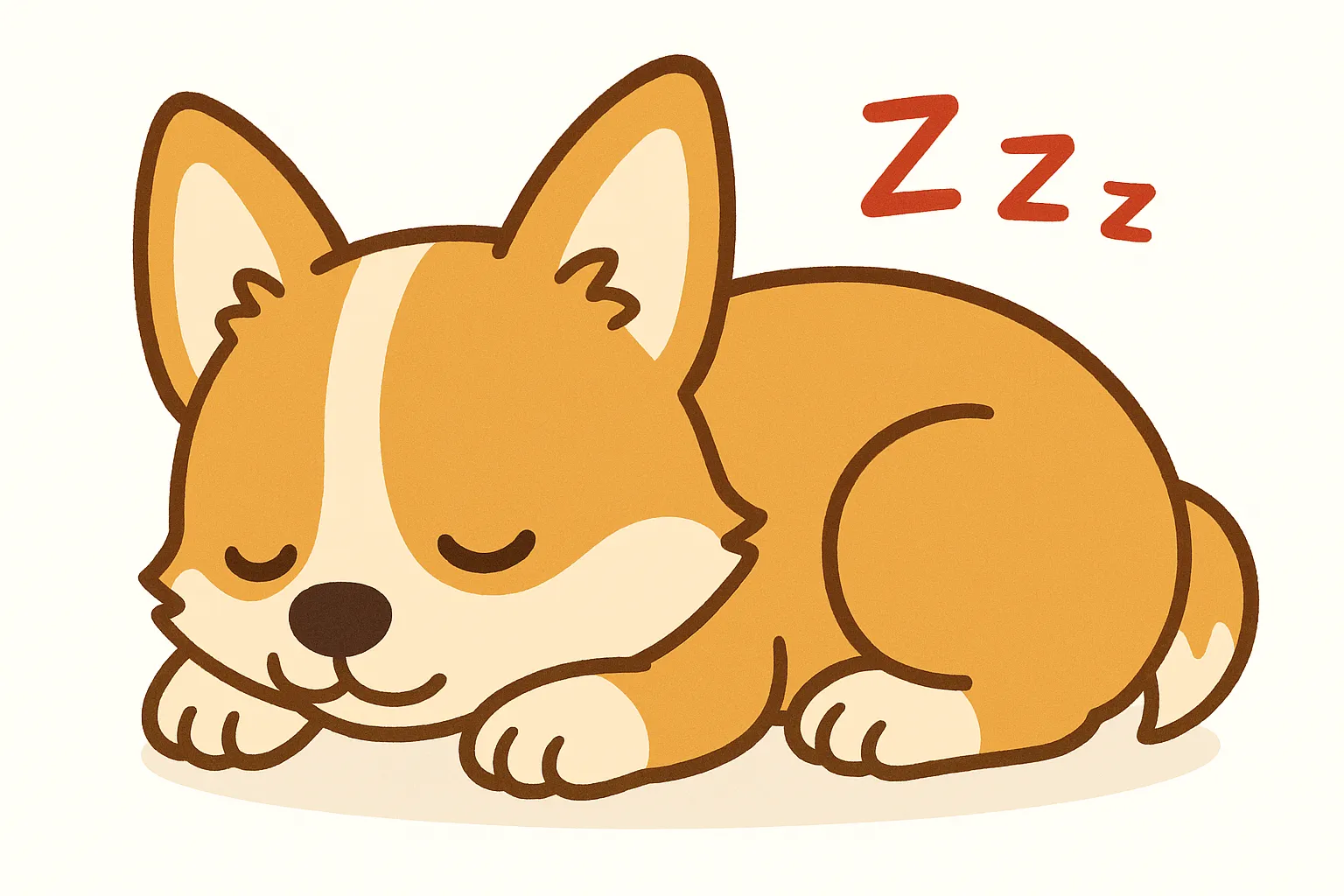 かわいい居眠りのコーギーモチーフ｜丸みを帯びた大きな耳とふっくらとした胴体でコーギーらしさを表現。明るめの色彩と柔らかな線が、元気で親しみやすい雰囲気と安心感のある眠りの世界を感じさせる仕上がりです。