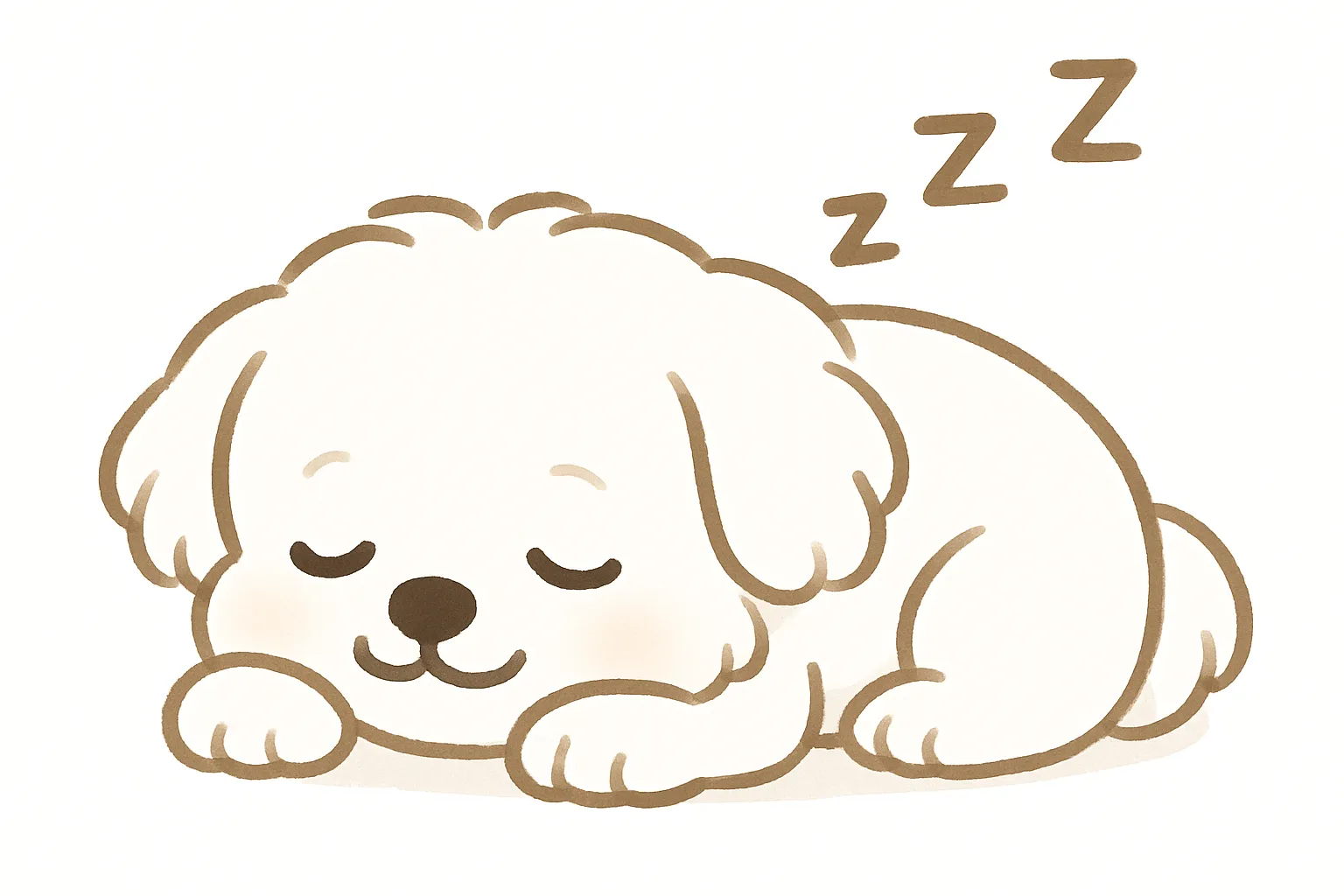 かわいい居眠りのマルチーズモチーフ｜ふわふわの白い毛並みと小さな体が愛らしいマルチーズを、淡いベージュの線とやさしいトーンで表現。まるくなって眠る姿がとてもピュアで、おだやかな気持ちになれる癒やしのデザインです。