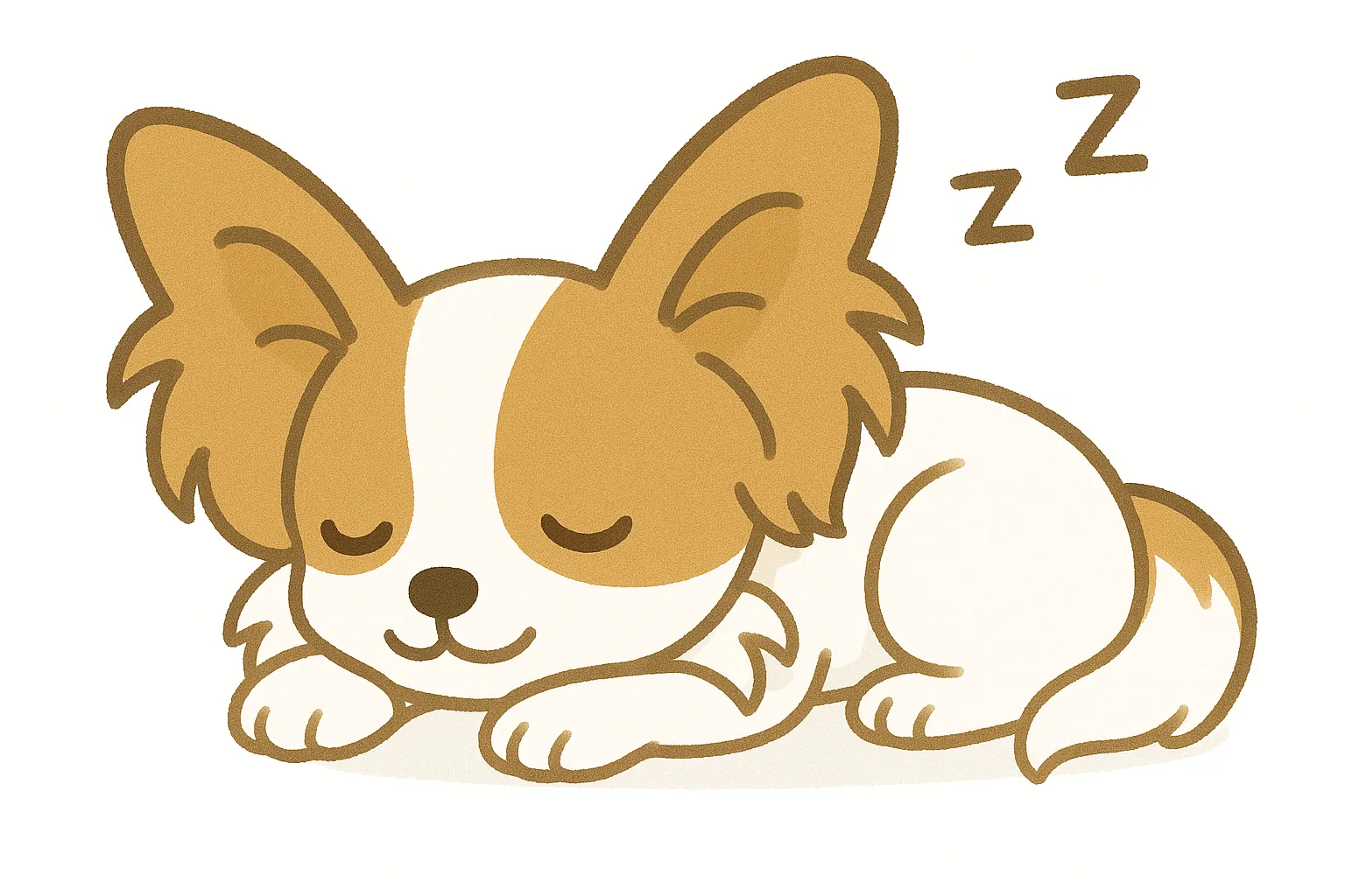 かわいい居眠りのパピヨンモチーフ｜大きな耳と軽やかな毛先が特徴的なパピヨンを、繊細で柔らかなタッチで可愛く描写。ゆったりとした眠りの姿とふわっと広がる耳のシルエットが、上品で愛らしい雰囲気を演出します。