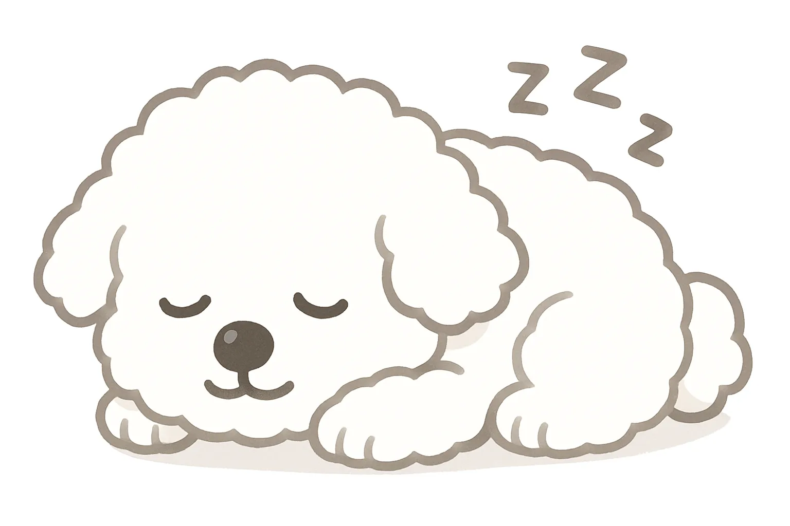 かわいい居眠りのビションフリーゼモチーフ｜雲のようなモコモコの毛並みが特徴のビションフリーゼを、明るい白とライトグレーでふんわり表現。眠る姿がとてもリラックス感があり、やわらかくて優しい空気感をまとった仕上がりです。