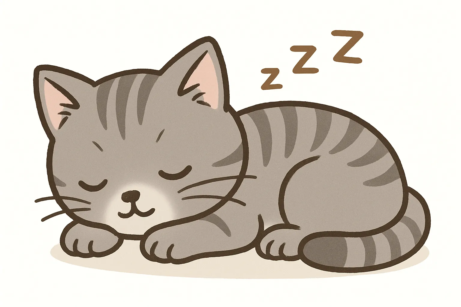 かわいい居眠りの子猫モチーフ｜小さな体を丸めてスヤスヤ眠る子猫の姿を、やわらかいブラウンラインと落ち着いたグレートーンで表現。安心感のあるデフォルメで、見る人の心をほんのり癒やしてくれるイラストです。