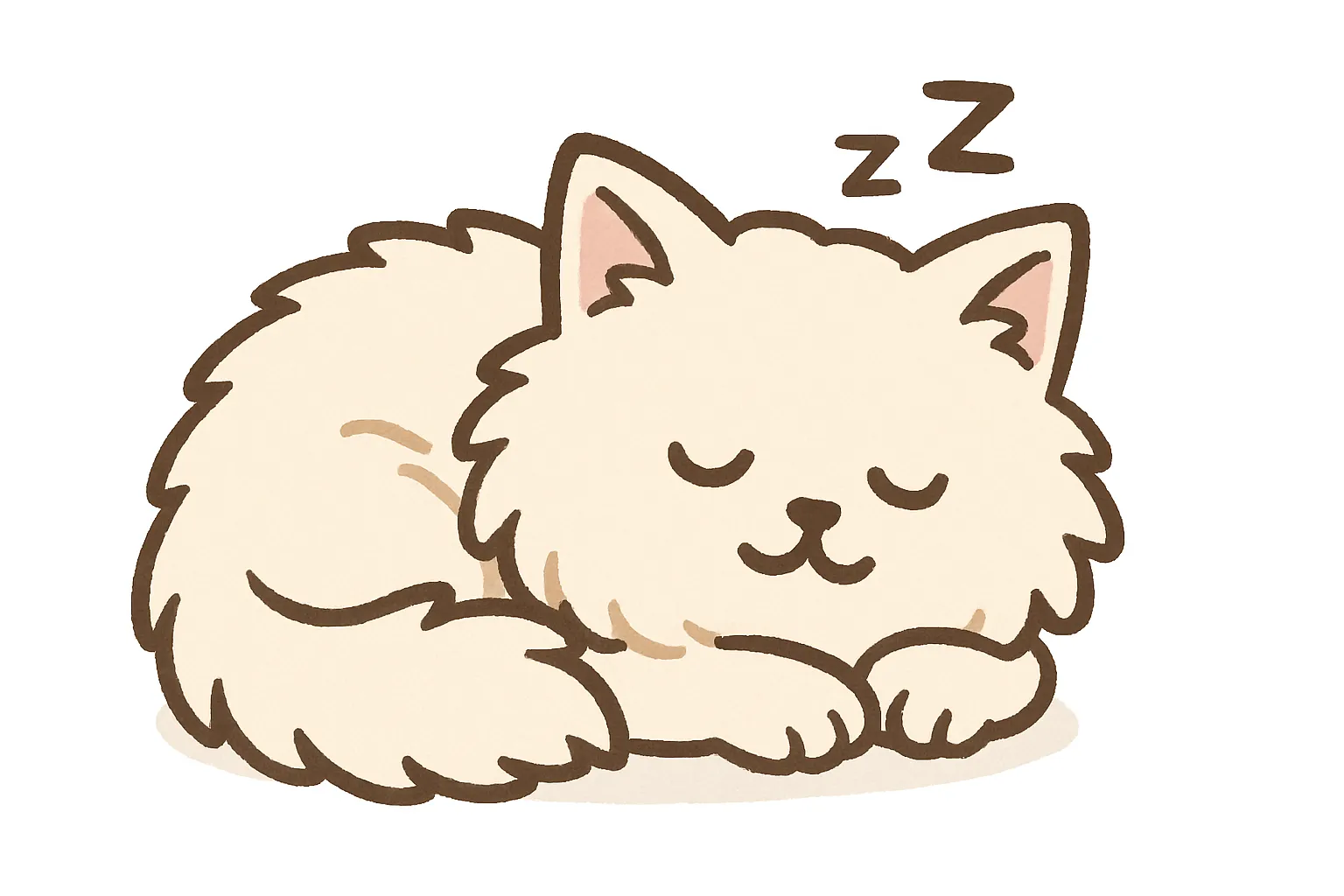 かわいい居眠りのもふもふ猫モチーフ｜ふわふわの長毛に包まれたもふもふ猫が、丸くなって眠る様子をリラックス感たっぷりに描写。優しい線とパステル調の色味が、上品かつ心安らぐ印象を与えます。