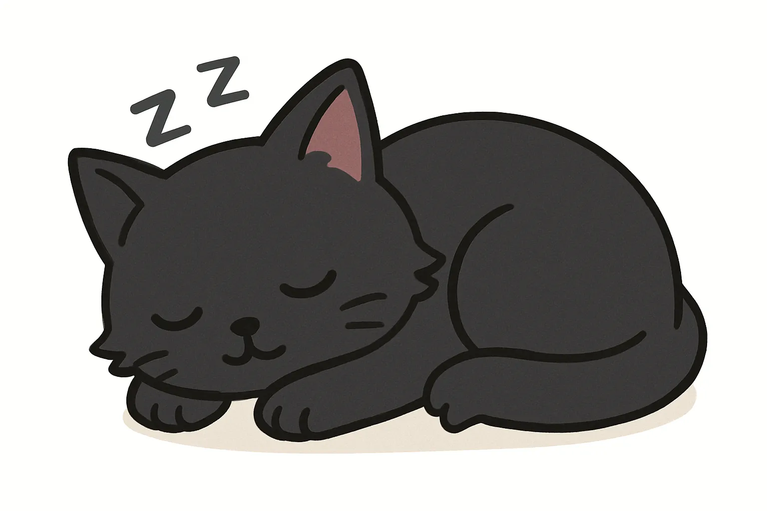 かわいい居眠りの黒猫モチーフ｜シンプルな黒一色の毛並みを生かしながら、眠る黒猫のフォルムを優しいカーブで表現。ピンクの耳がアクセントになった、大人かわいい落ち着いたイラストです。