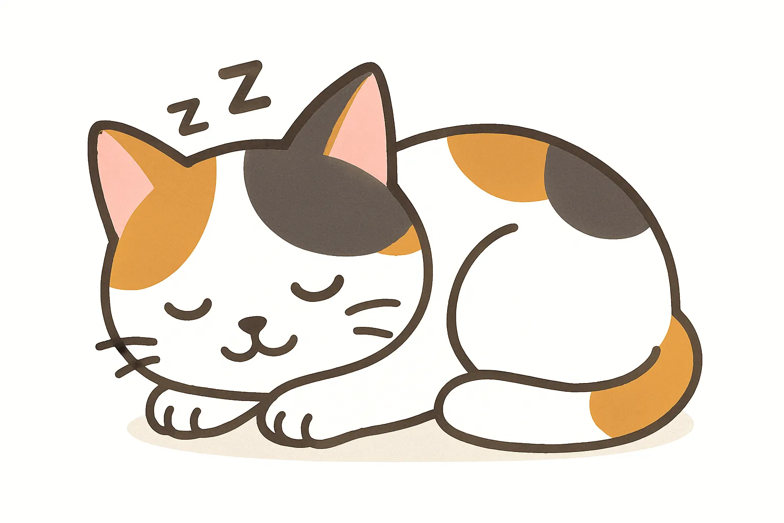 かわいい居眠りの三毛猫モチーフ｜元気な茶・黒・白の毛色を持つ三毛猫が、リラックスした表情で眠る姿を素朴に表現。カラフルながら柔らかいタッチで、親しみと明るさを届ける癒やし系デザインです。