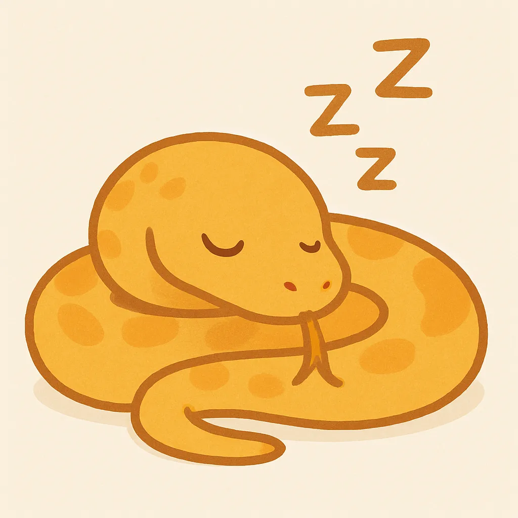 かわいい居眠りの蛇｜とぐろを巻いて目を閉じた蛇が、やわらかなタッチで表現された一枚。暖色系のカラーリングで恐さを感じさせず、むしろ可愛さが際立つユニークな作品です。