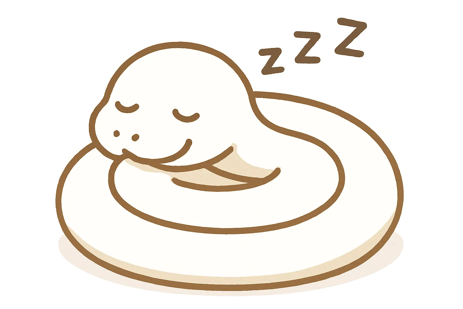 かわいい居眠りの白蛇｜白く清らかな白蛇が、くるりと身を丸めて眠る姿を愛らしく描写。ミルクのような色彩に温かみのある茶線で仕上げられており、縁起の良さと可愛さを両立しています。