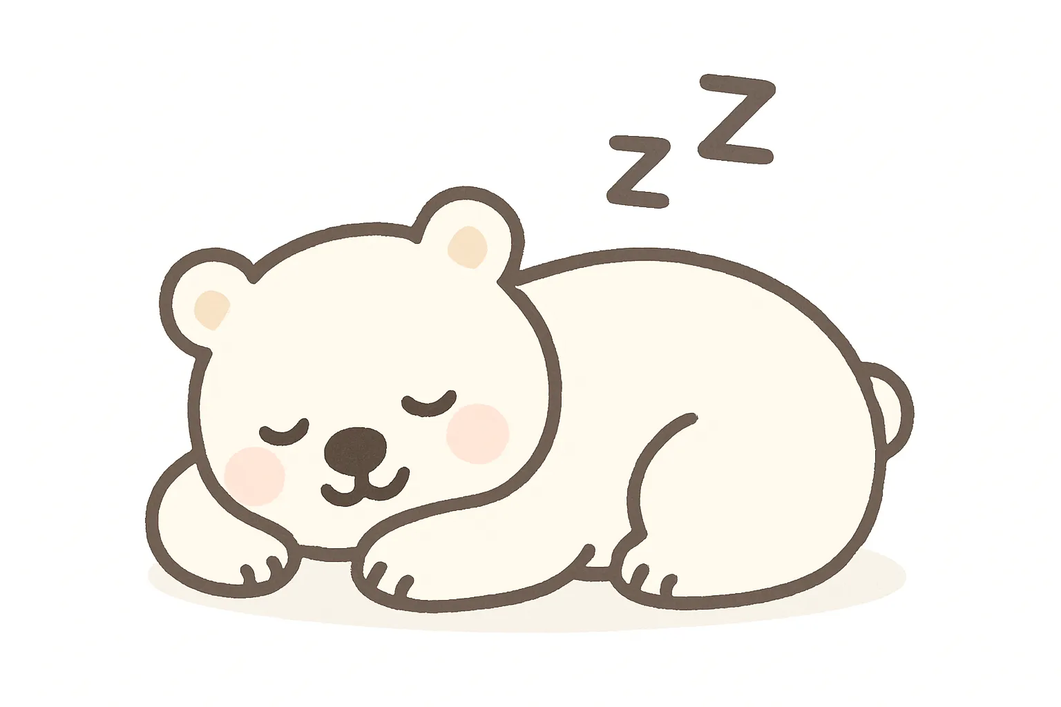 かわいい居眠りの白くま｜ふわふわの白くまが、すやすや眠る姿を柔らかいタッチで表現。ピンクのほっぺや丸い手足がチャームポイントで、冬の癒し系イラストとしてもぴったりです。