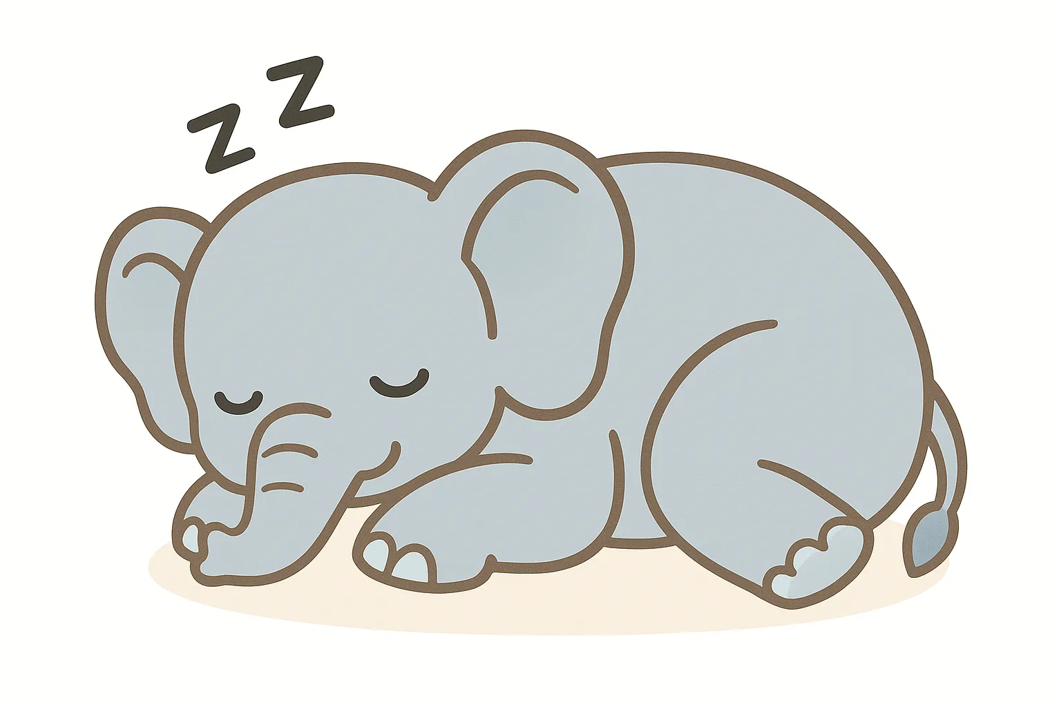 かわいい居眠りのぞう｜大きな耳と長い鼻が特徴のぞうが、優しい表情で眠る姿がほのぼのと描かれています。グレイッシュな色合いと柔らかなタッチで穏やかな空気感が漂います。
