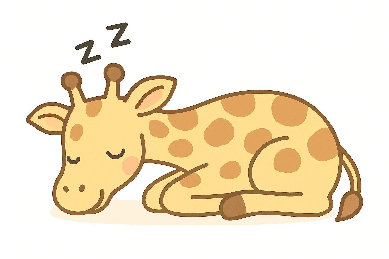 かわいい居眠りのきりん｜長い首を折りたたんで眠るきりんが、やさしい色味とシンプルな線で描かれた心なごむ一枚。水玉模様とまるい顔つきがポップなかわいらしさを引き立てます。