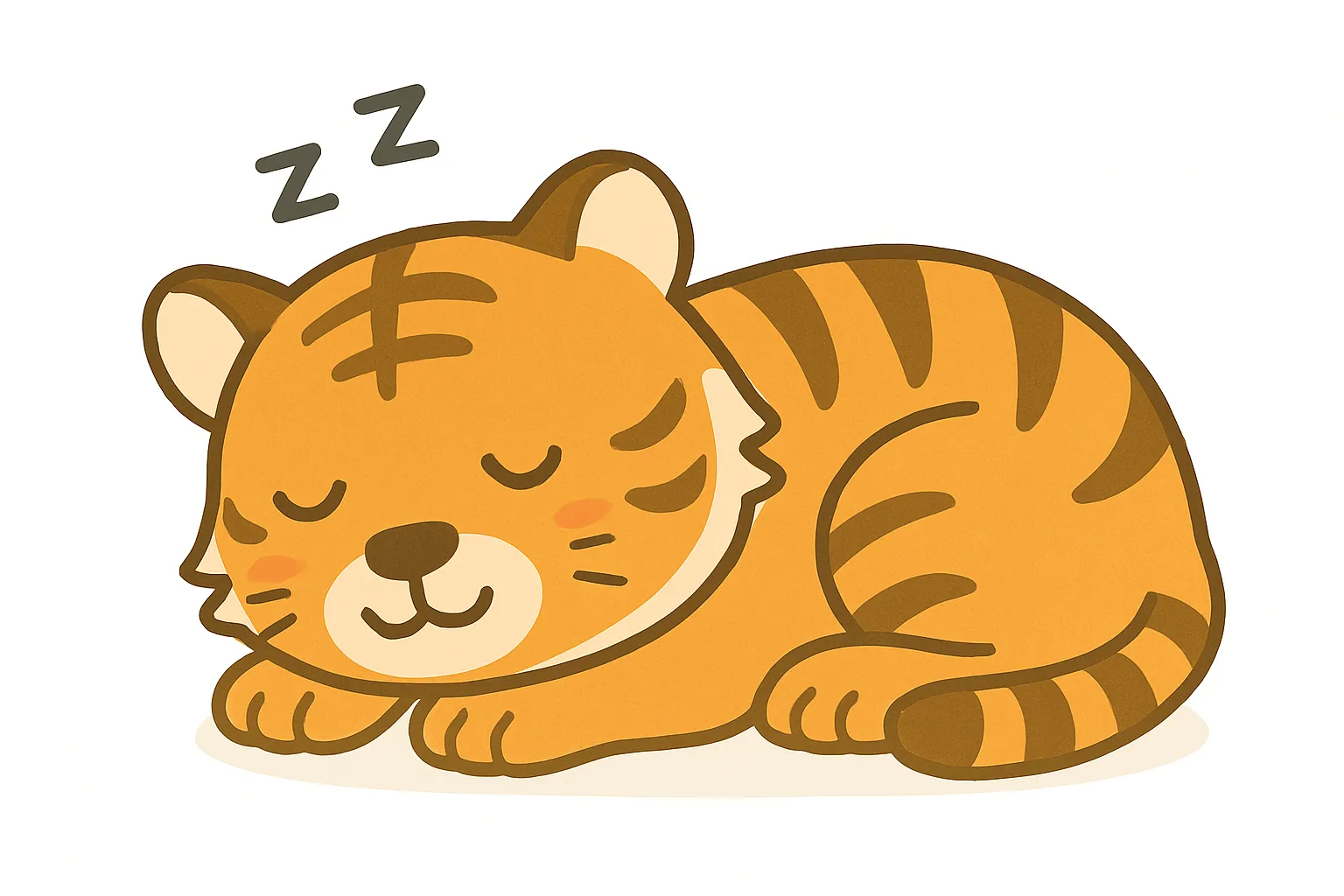 かわいい居眠りの虎｜やさしい表情で丸まって眠る虎が、太めのラインと鮮やかなオレンジ色で描かれた一枚。威厳ある存在も、このタッチなら親しみやすく癒しの対象に感じられます。