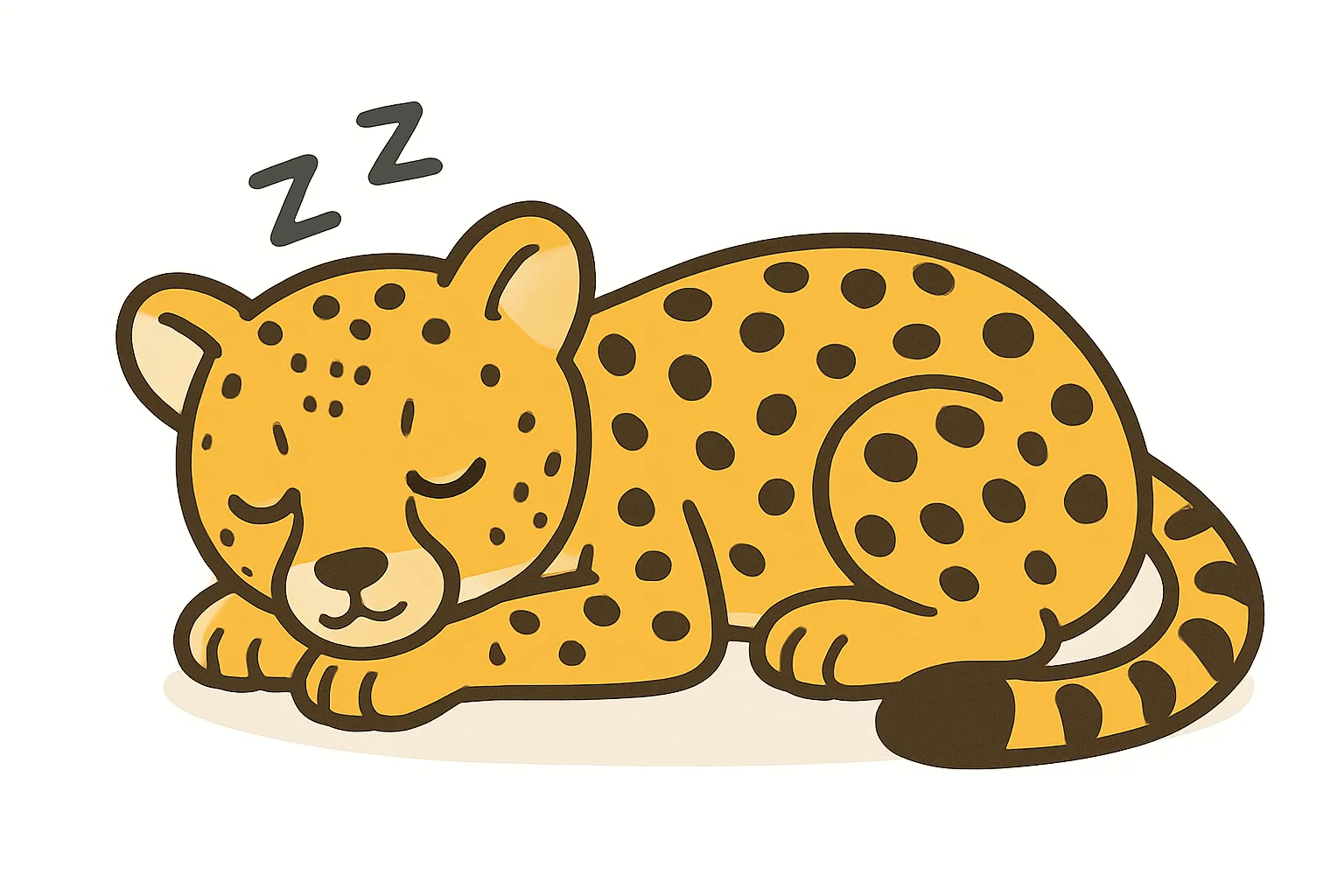かわいい居眠りのチーター｜スピードの象徴であるチーターが、無防備に眠る姿を丁寧に描写。ドット模様やしっぽの模様までかわいらしく再現され、愛らしさと軽やかさが同居する仕上がりです。
