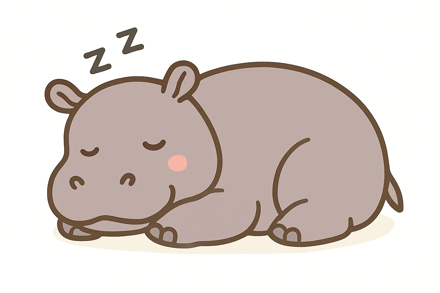 かわいい居眠りのカバ｜ずんぐりとしたフォルムが魅力のカバが、落ち着いた紫がかったグレーとピンクの頬で表現されています。素朴で親しみやすいタッチが日常の癒しにぴったりです。