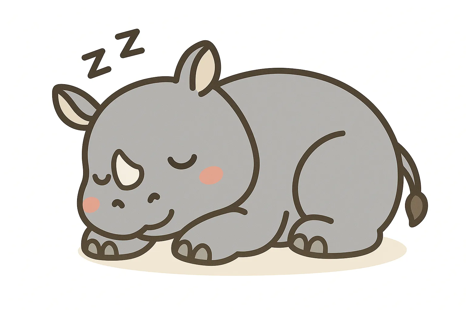 かわいい居眠りのサイ｜ごつい体を丸めてお昼寝中のサイが、優しいグレーカラーとほんのり赤い頬で描かれ、かわいさ満点。角や足のディテールも柔らかい線で表現されています。