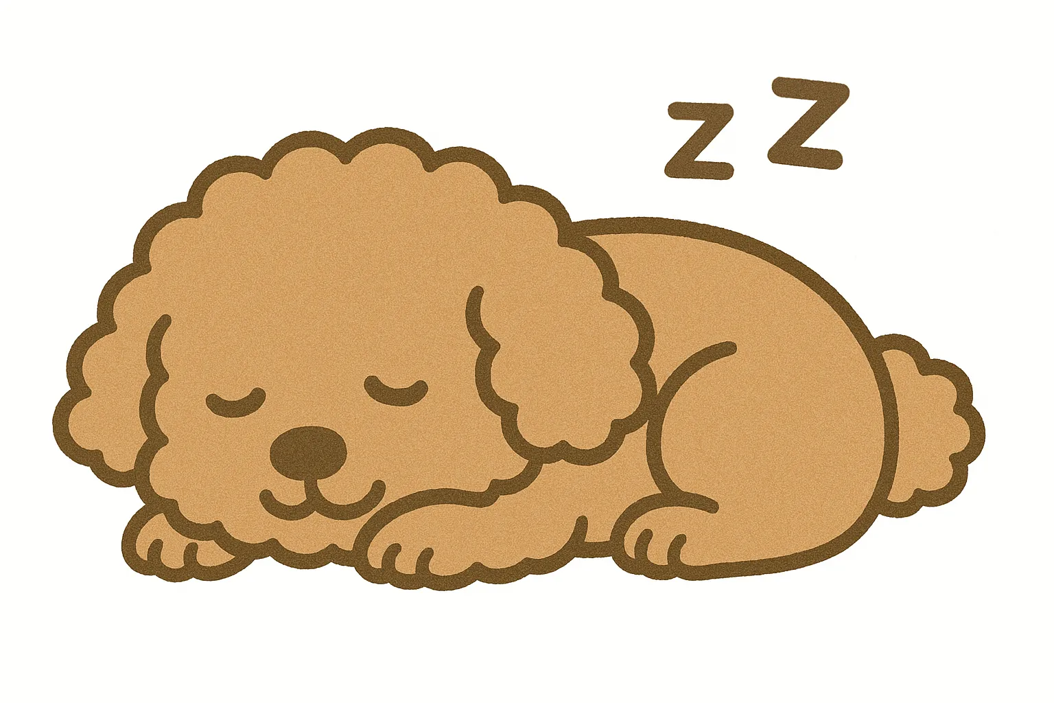 かわいい居眠りのトイプードルモチーフ｜ふわふわのカールが特徴的なトイプードルが丸まって眠る姿を、やさしい色合いと曲線的なラインで表現。モコモコの質感が温かく、ナチュラルでやわらかな世界観を演出するキュートなデザインです。
