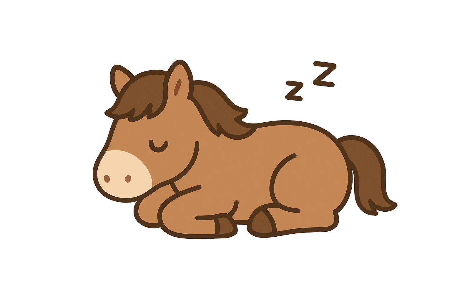 かわいい居眠りの馬｜すやすやと眠る馬が、あたたかみのあるブラウンとシンプルな線で描かれた癒しのイラスト。前髪やしっぽの流れも丁寧に表現され、穏やかな空気を感じさせます。