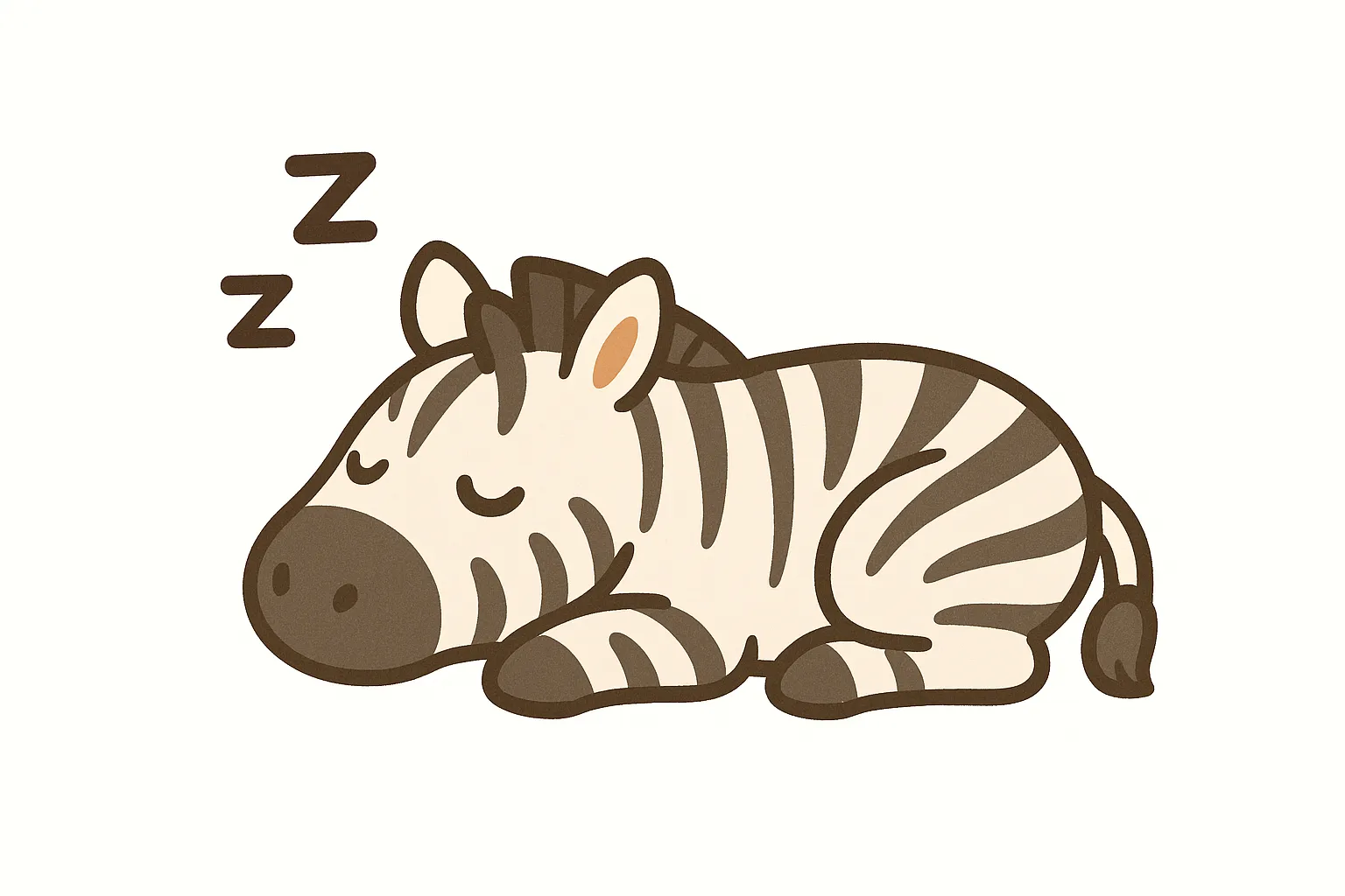 かわいい居眠りのしまうま｜しま模様が特徴のしまうまが、無防備な姿で横たわる様子を可愛らしくデフォルメ。落ち着いたトーンで構成され、野生動物ながら親しみやすい印象です。