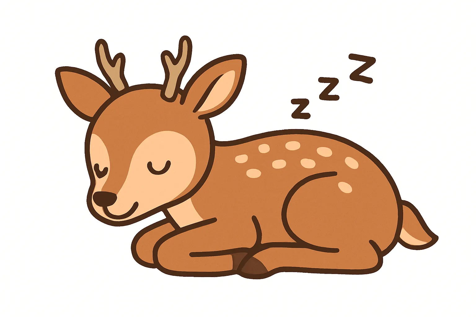 かわいい居眠りの鹿｜小さな角と背中の白い斑点が愛らしい鹿が、静かに眠る姿を繊細な線とやさしい配色で描写。森の中の癒しを感じさせる、落ち着いた雰囲気の一枚です。