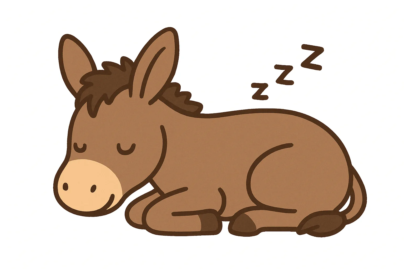 かわいい居眠りのロバ｜垂れた耳とくるんとしたたてがみが特徴のロバが、丸まって心地よさそうに眠る構図。落ち着いたブラウン系の色合いが、素朴であたたかい印象を与えます。