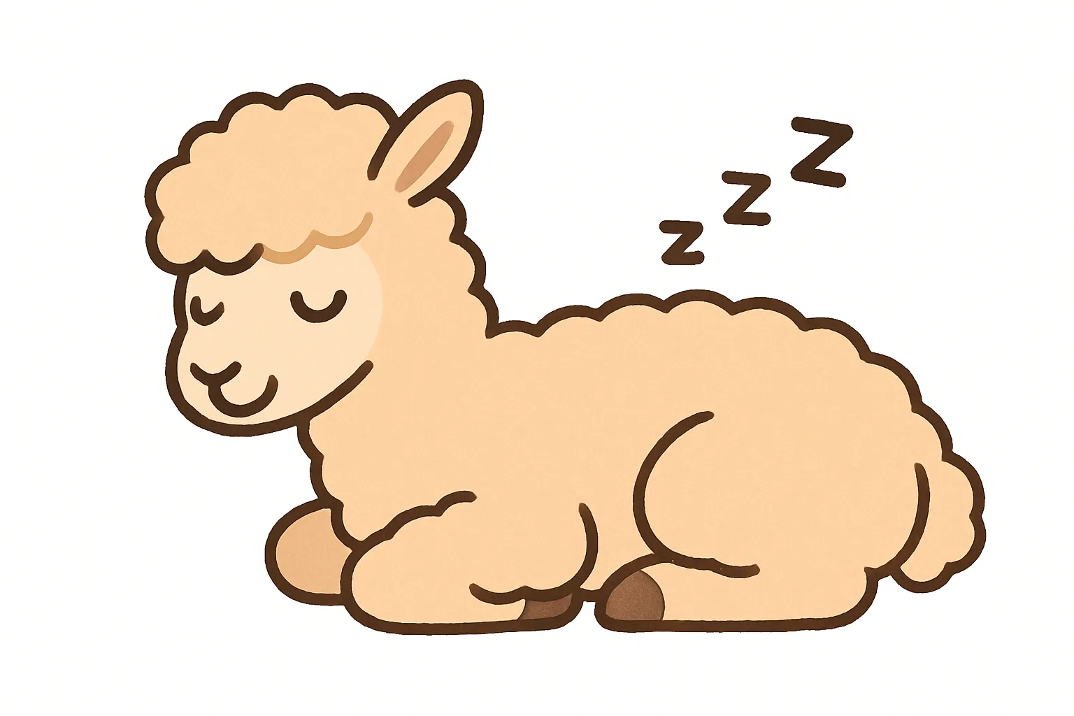 かわいい居眠りのアルパカ｜ふわふわの毛並みとにっこりした表情のアルパカが、眠っている姿を柔らかく表現。クリーム色のやさしいトーンで全体がまとめられ、安心感を誘うデザインです。