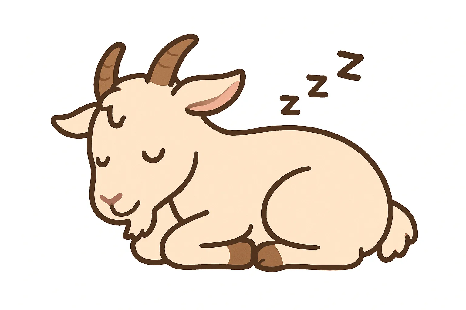 かわいい居眠りのやぎのイラスト｜やわらかなクリーム色のやぎが目を閉じて穏やかに眠る姿が愛らしい一枚。丸みを帯びた角や口元のスマイルがやさしい印象を与え、牧歌的で癒し系のデザインです。