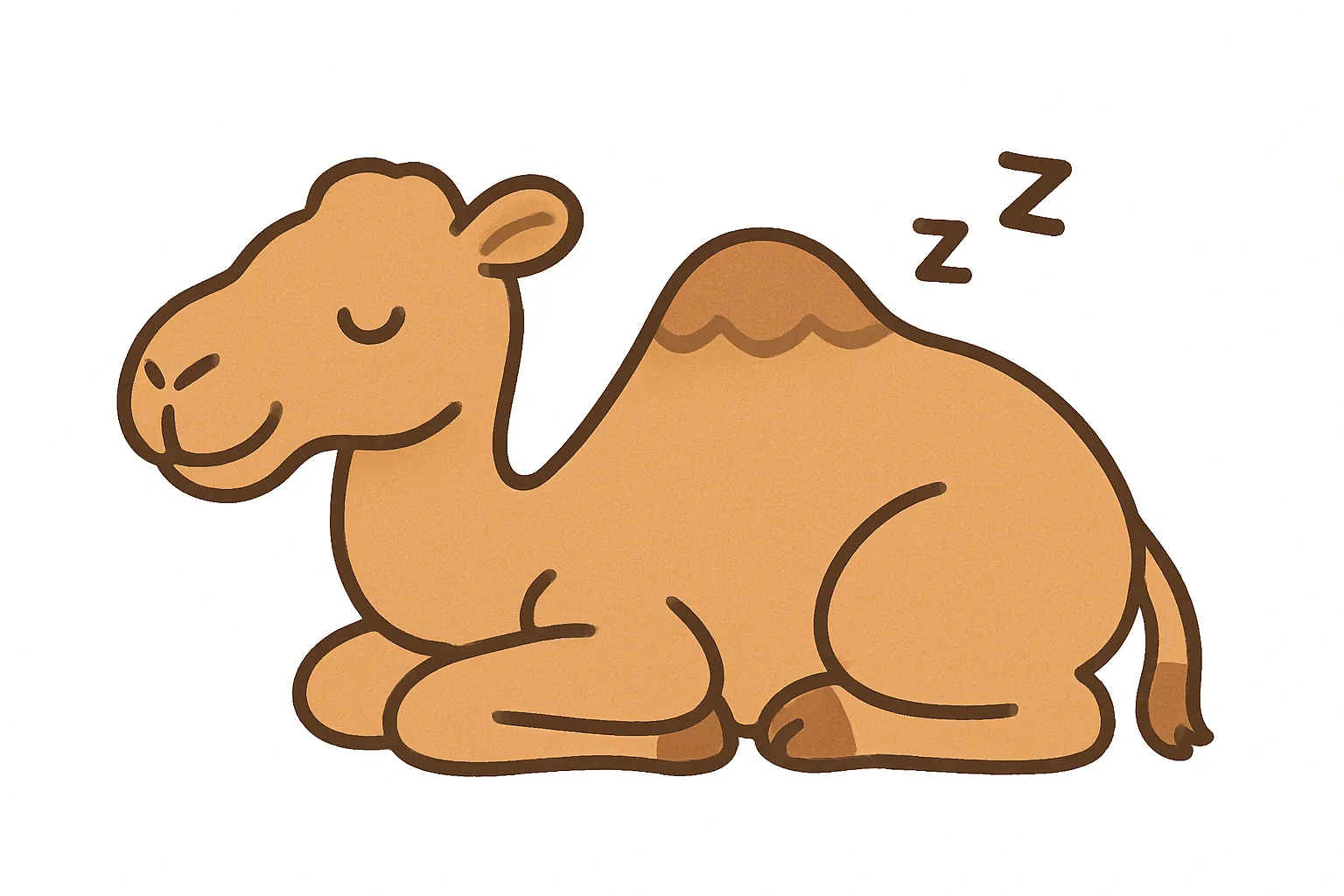 かわいい居眠りのラクダのイラスト｜なだらかなこぶを持つラクダが安心して座り込んで眠る姿。砂漠の動物らしい落ち着いたカラーリングで、ゆったりした癒しの空気を感じさせるポップなテイストです。