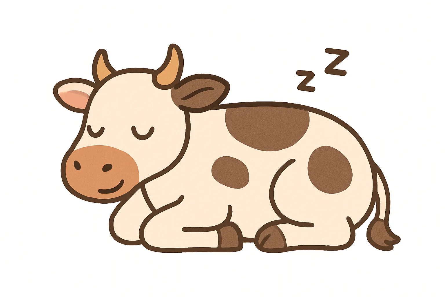 かわいい居眠りの牛のイラスト｜白地に茶色のぶち模様が映える牛が、目を閉じて丸くなっている姿がとてもキュート。動物園や牧場の仲間として親しみがあり、温かみのあるイラストです。
