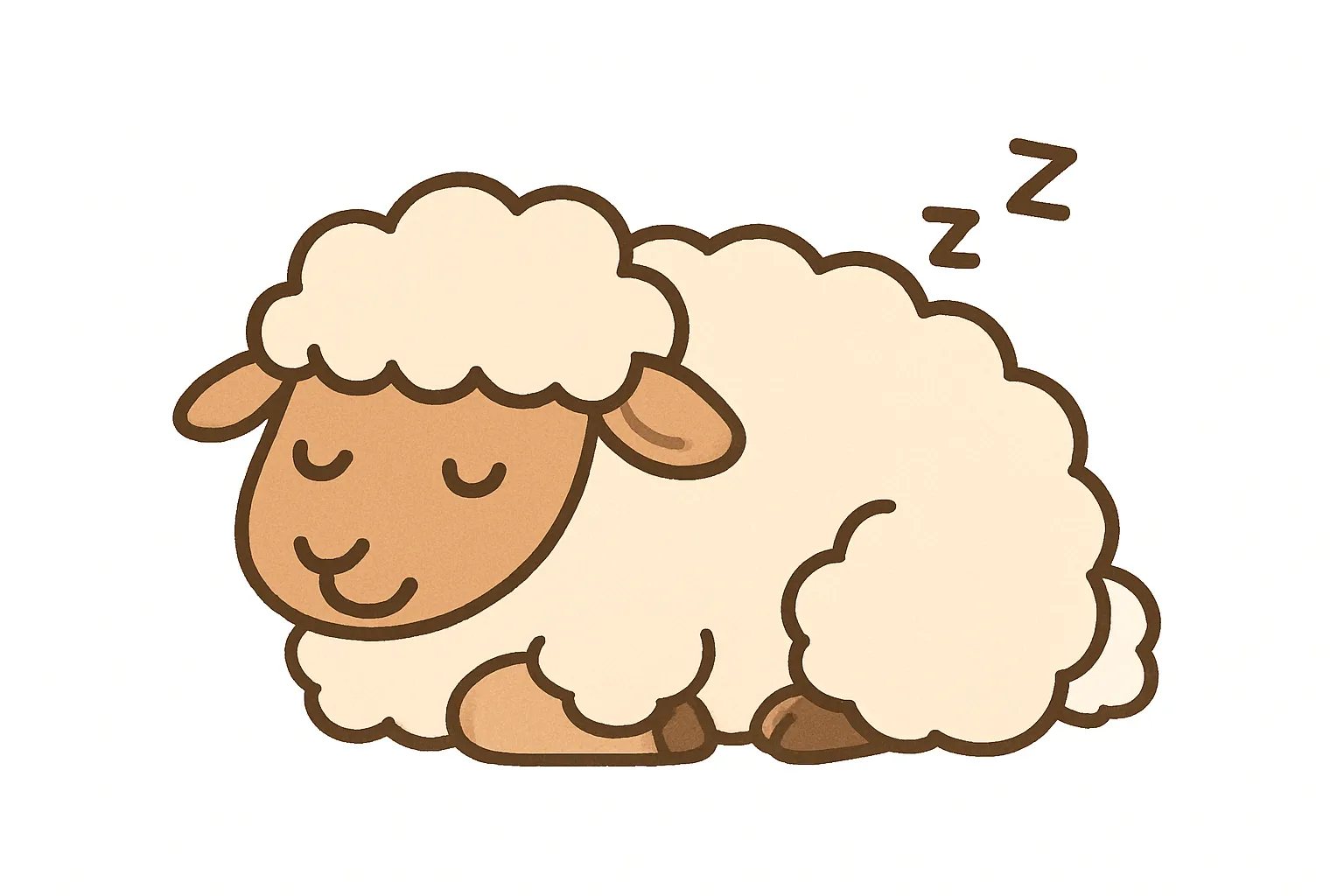 かわいい居眠りのひつじのイラスト｜ふんわりモコモコとした毛並みが特徴のひつじが丸くなって眠る姿は、見ているだけで癒される柔らかさ。ナチュラルな色調で、安心感あふれるかわいさです。